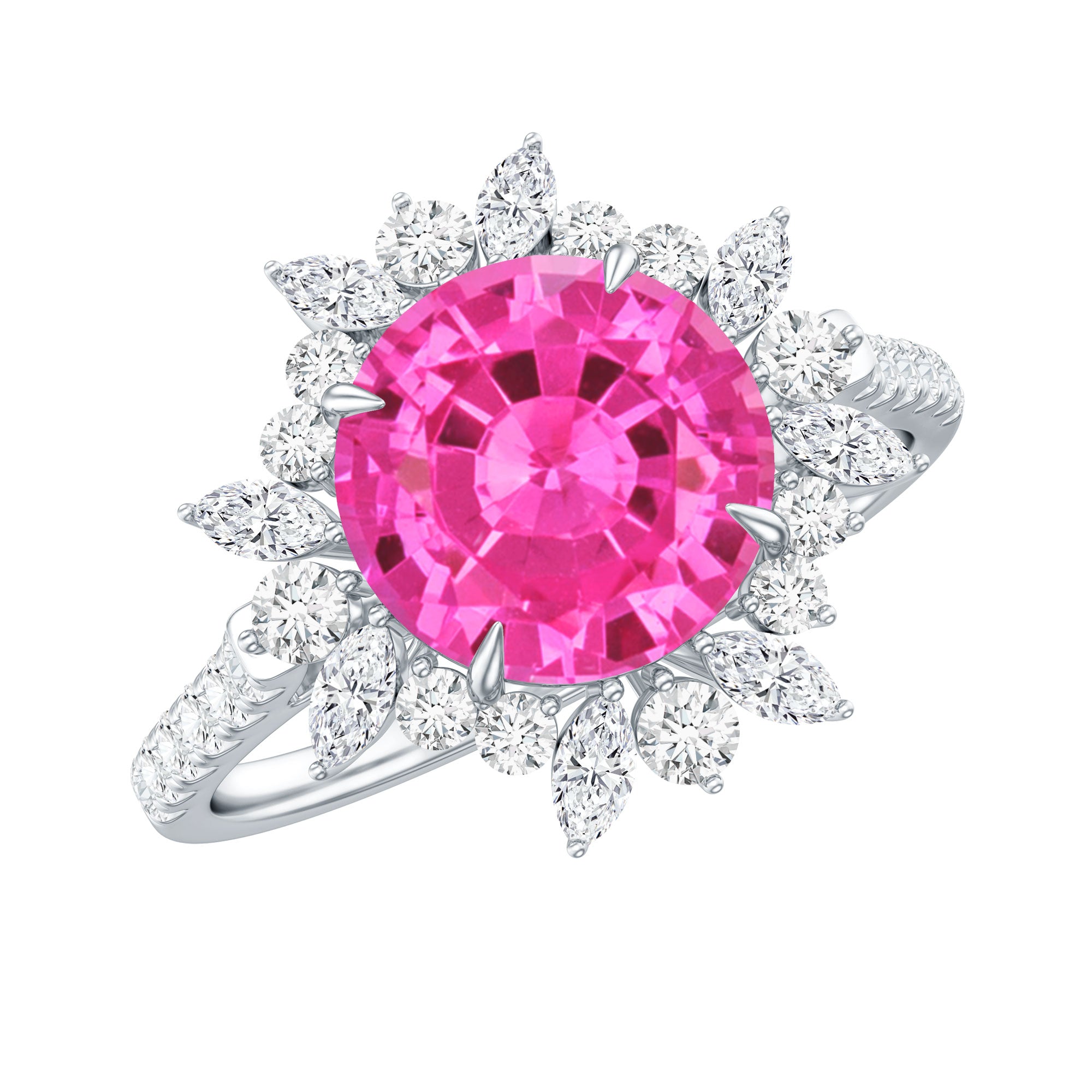 Created Pink Sapphire Cocktail Ring with Moissanite Floral Halo AAAA - Rosec Jewels
