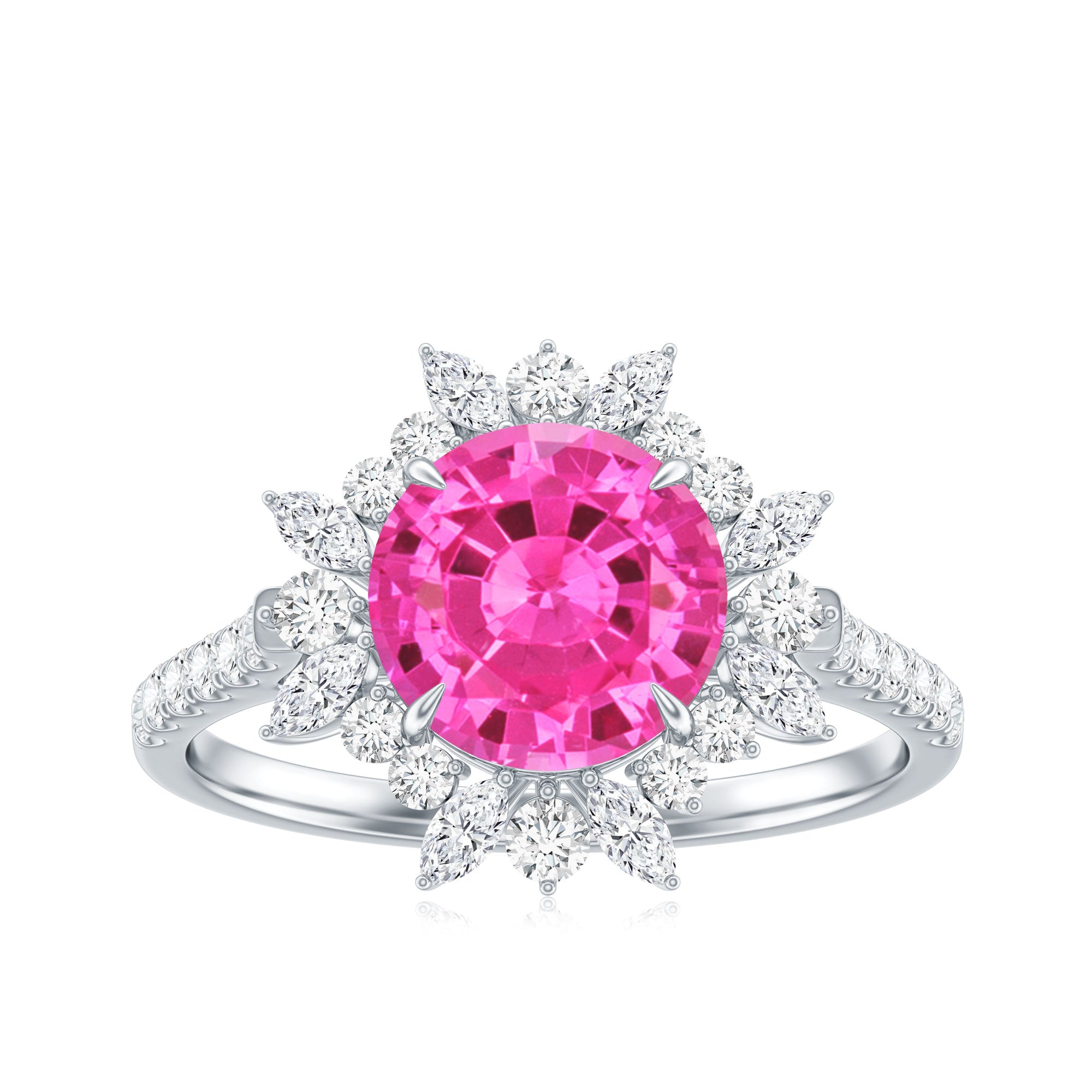 Created Pink Sapphire Cocktail Ring with Moissanite Floral Halo AAAA - Rosec Jewels