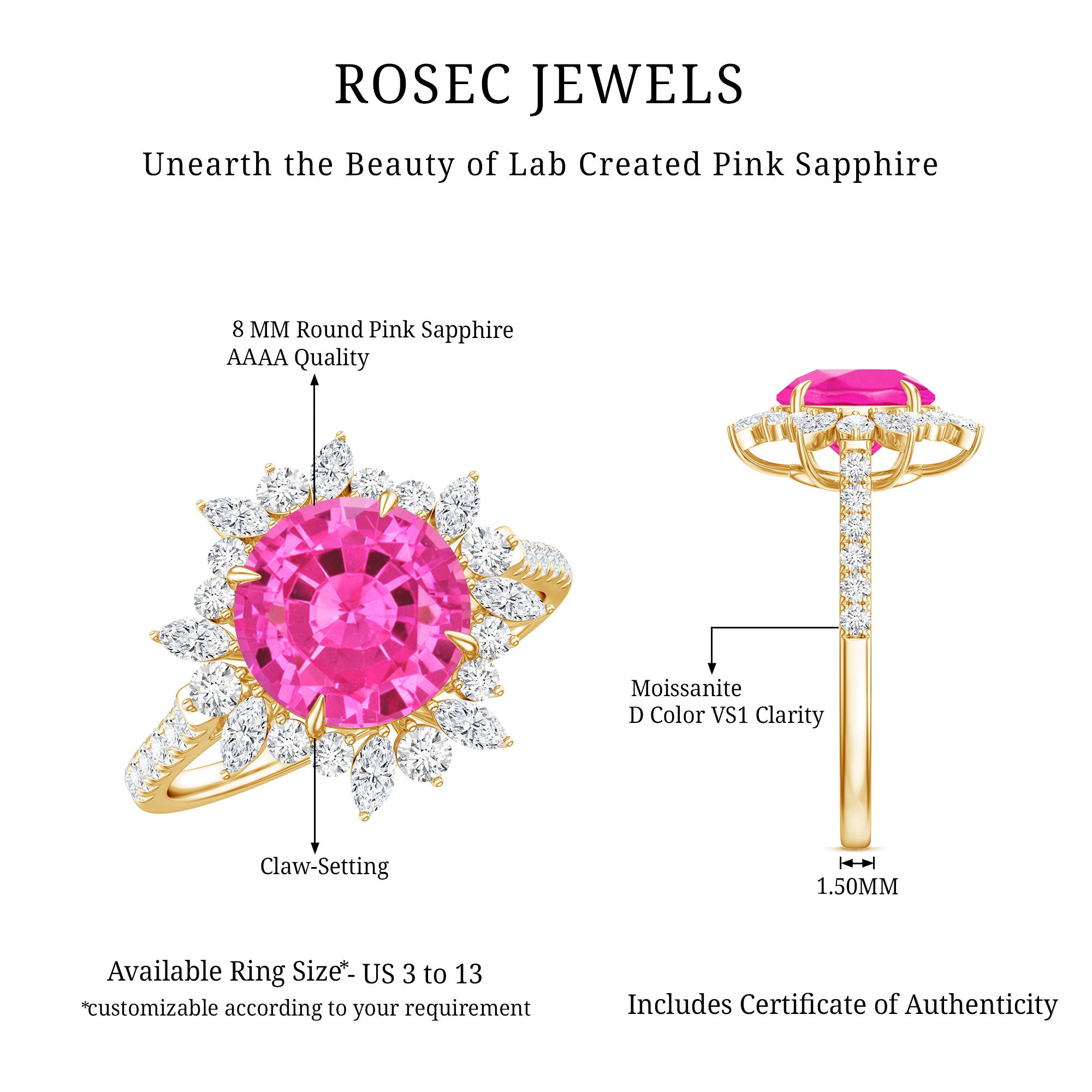 Created Pink Sapphire Cocktail Ring with Moissanite Floral Halo AAAA - Rosec Jewels
