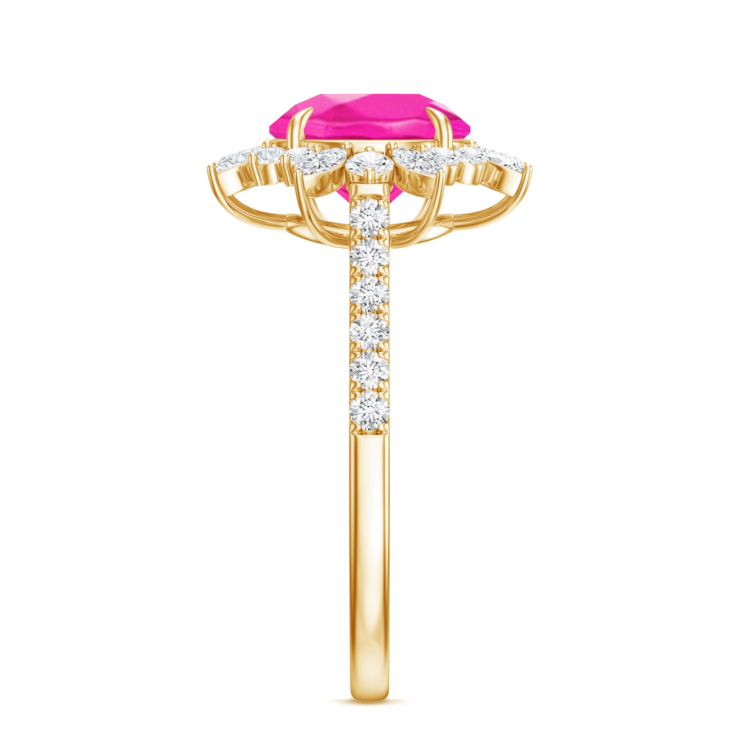 Created Pink Sapphire Cocktail Ring with Moissanite Floral Halo AAAA - Rosec Jewels