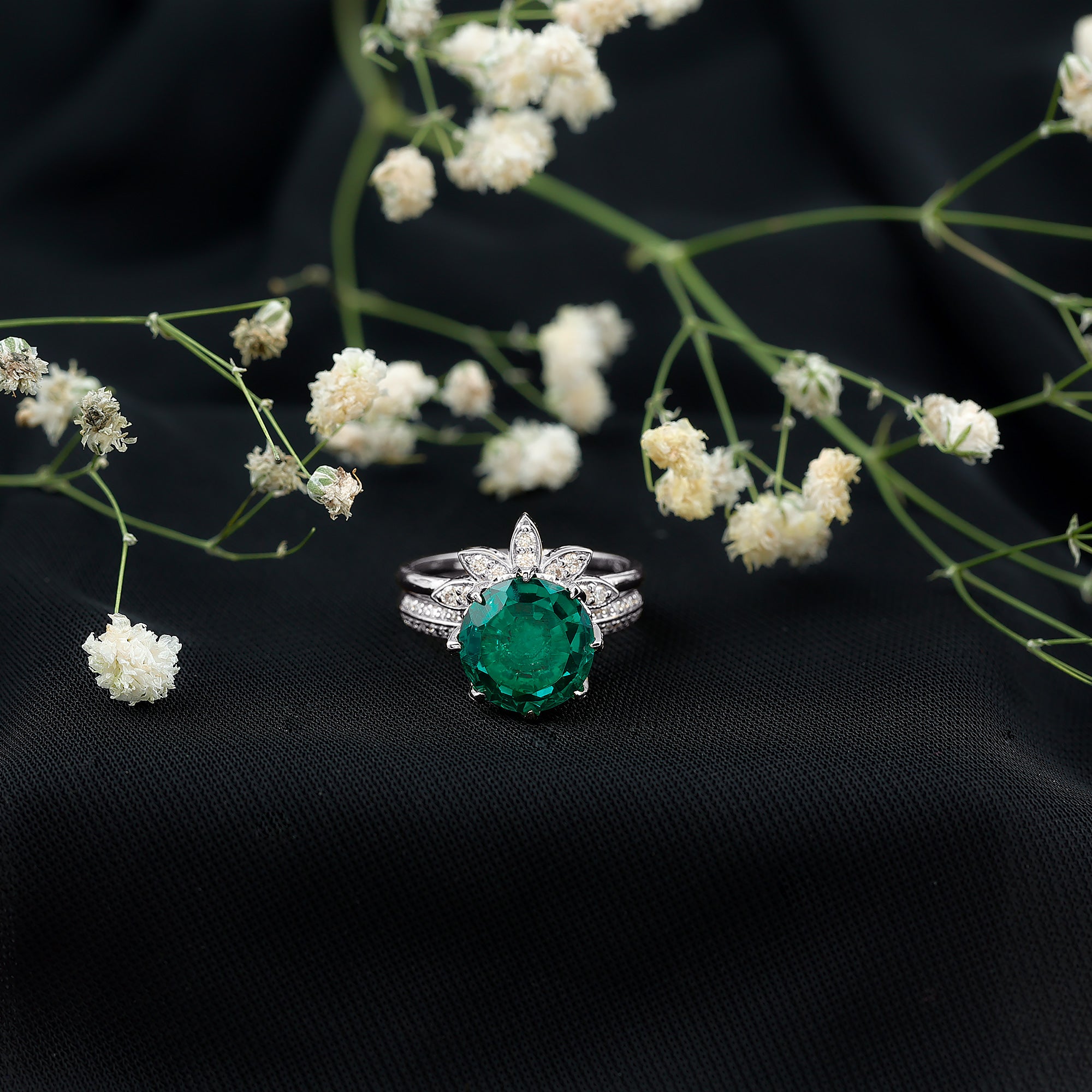 Floral Inspired Lab Grown Emerald Bridal Engagement Ring With Moissanite Enhancer AAAA - Rosec Jewels