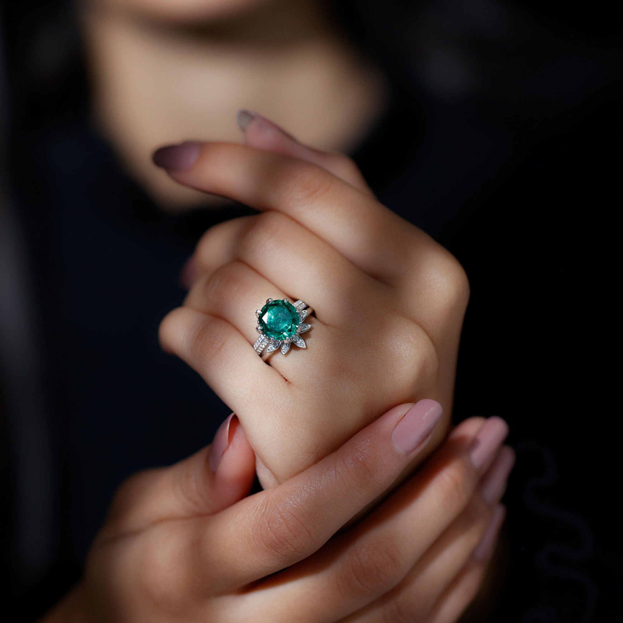 Floral Inspired Lab Grown Emerald Bridal Engagement Ring With Moissanite Enhancer AAAA - Rosec Jewels