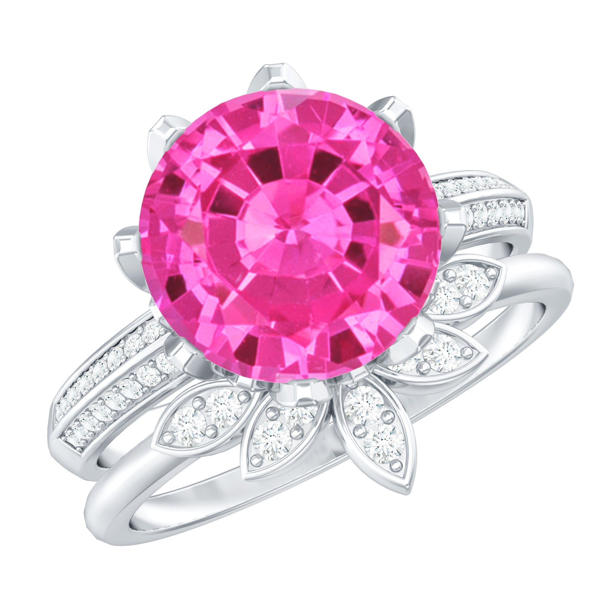 Floral Inspired Lab Grown Pink Sapphire Bridal Wedding Ring Set With Moissanite