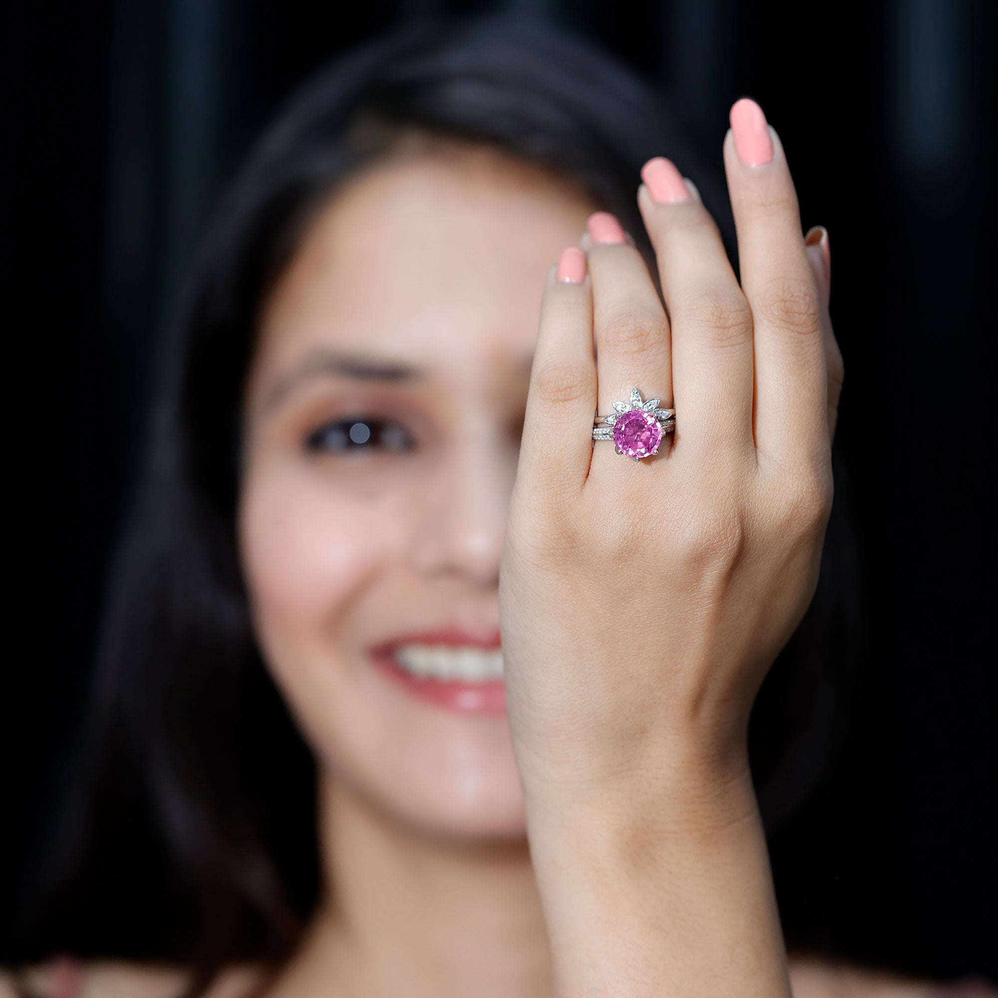 Floral Inspired Lab Grown Pink Sapphire Bridal Wedding Ring Set With Moissanite AAAA - Rosec Jewels