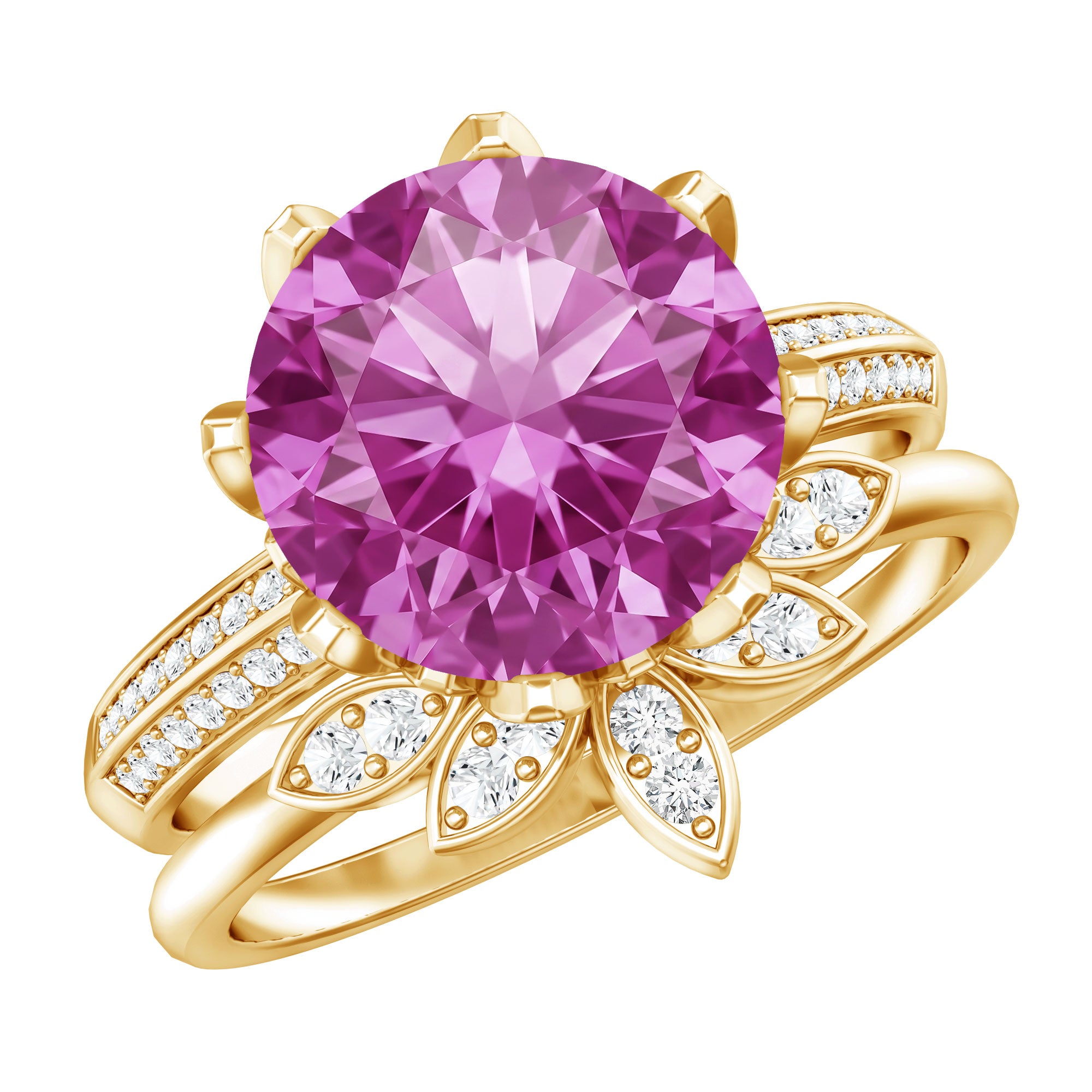 Floral Inspired Lab Grown Pink Sapphire Bridal Wedding Ring Set With Moissanite AAAA - Rosec Jewels