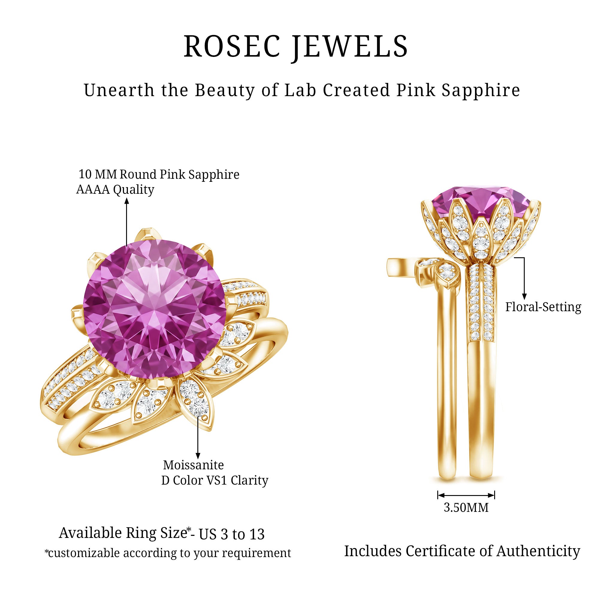 Floral Inspired Lab Grown Pink Sapphire Bridal Wedding Ring Set With Moissanite AAAA - Rosec Jewels