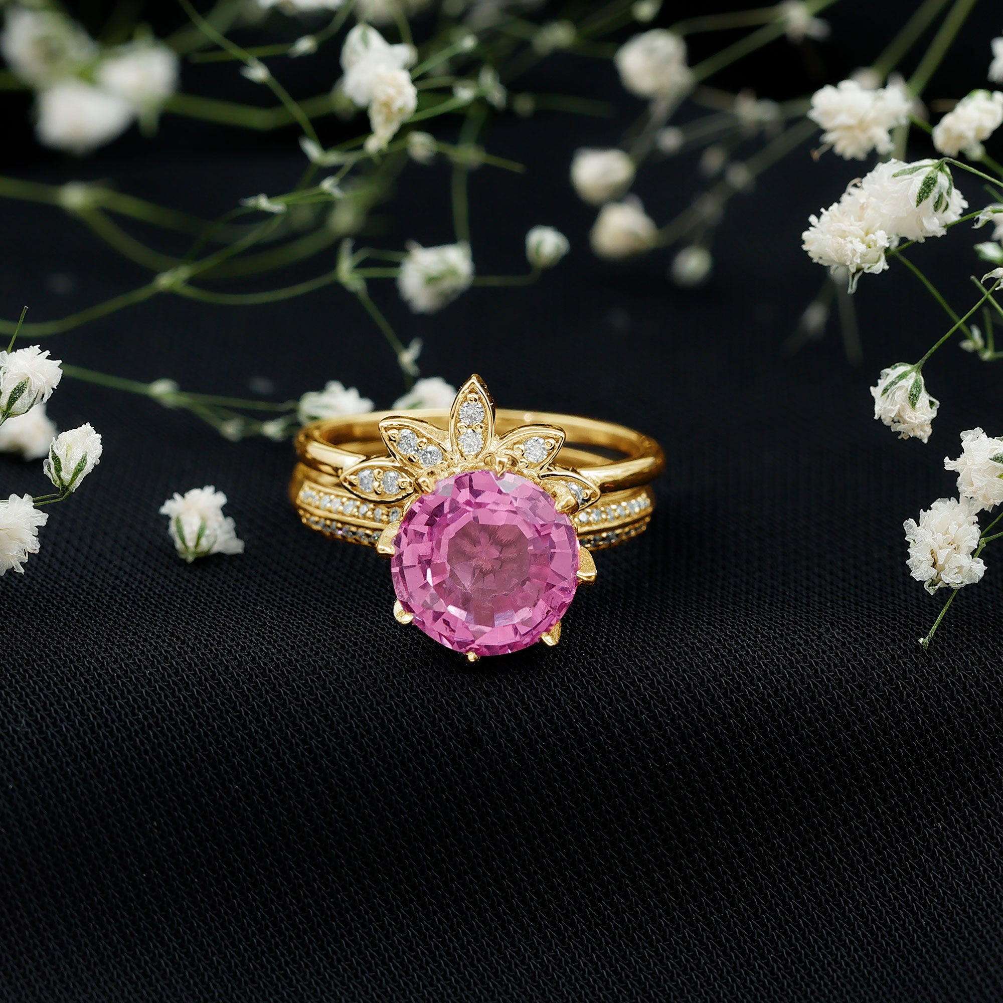 Floral Inspired Lab Grown Pink Sapphire Bridal Wedding Ring Set With Moissanite AAAA - Rosec Jewels