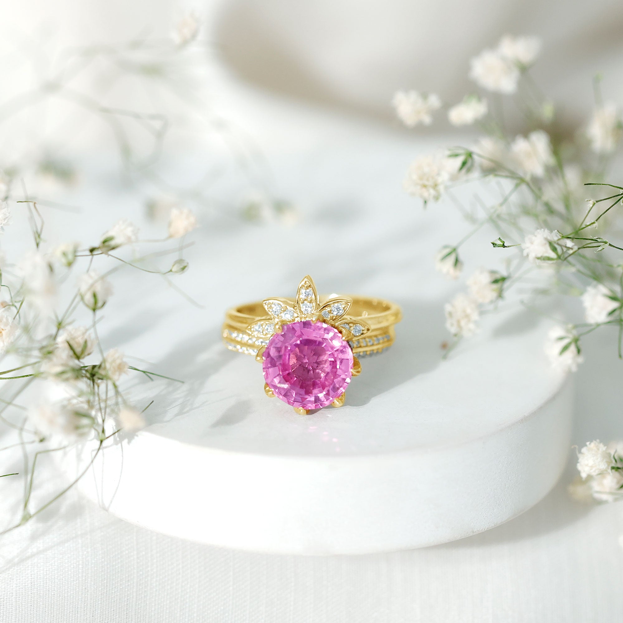 Floral Inspired Lab Grown Pink Sapphire Bridal Wedding Ring Set With Moissanite AAAA - Rosec Jewels