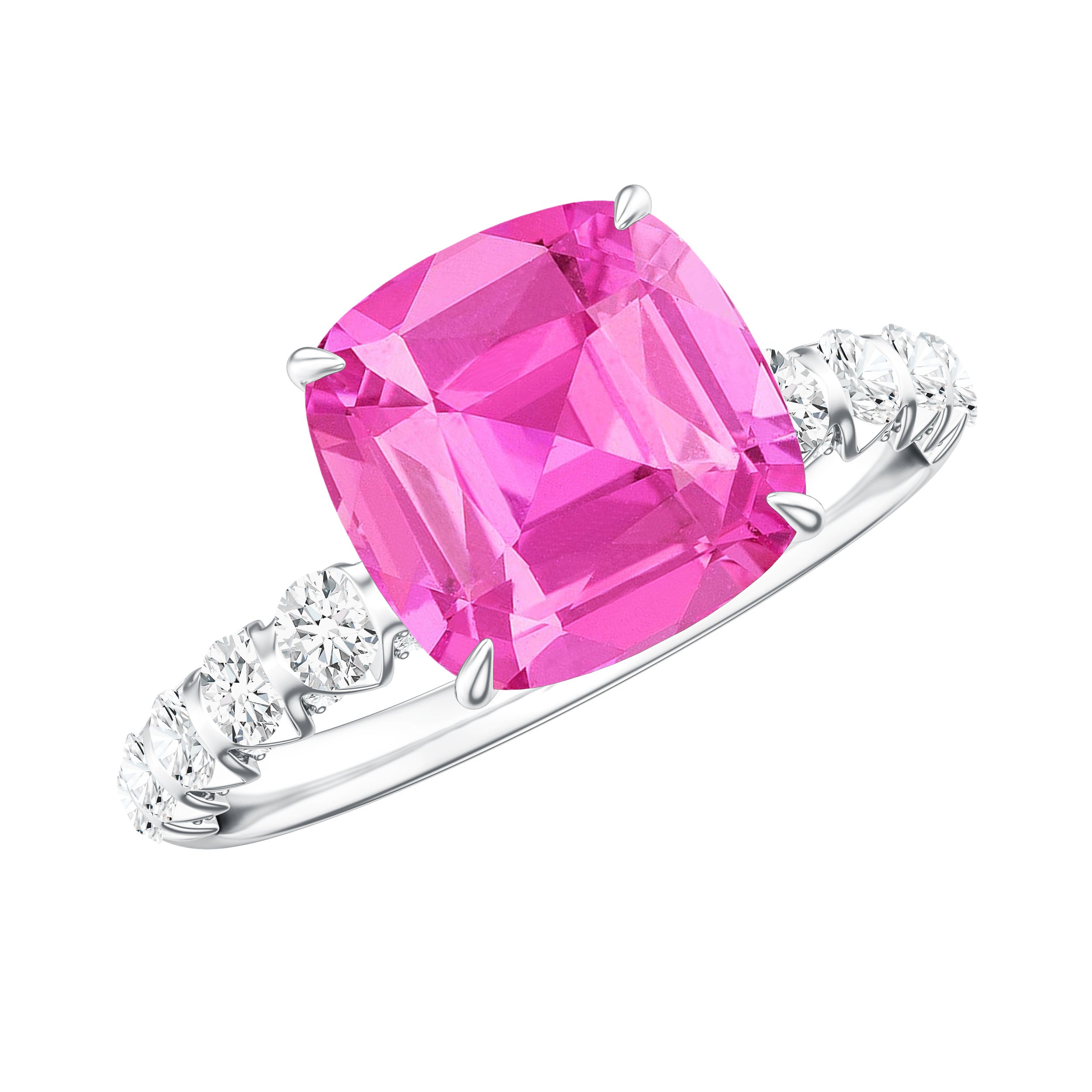 2.75 Carat Cushion Cut Lab Created Pink Sapphire Engagement Ring with Diamond AAAA - Rosec Jewels