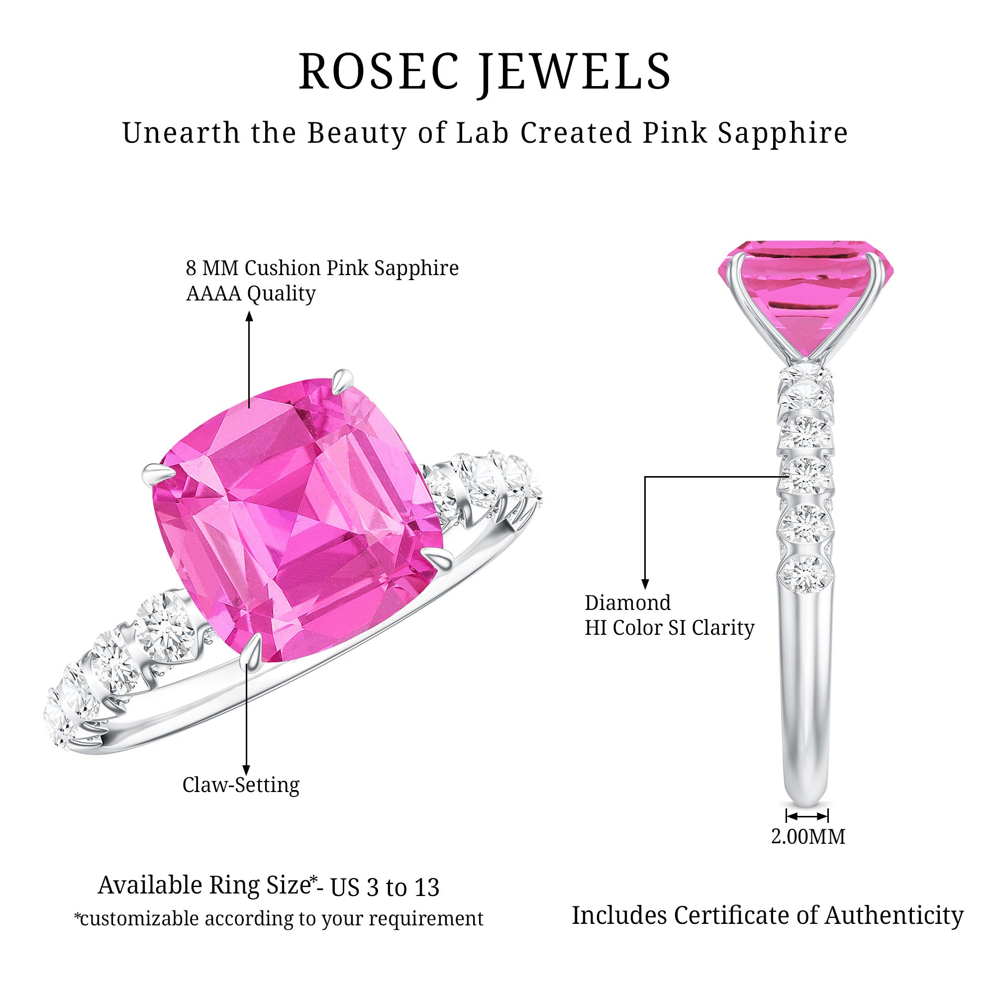2.75 Carat Cushion Cut Lab Created Pink Sapphire Engagement Ring with Diamond AAAA - Rosec Jewels
