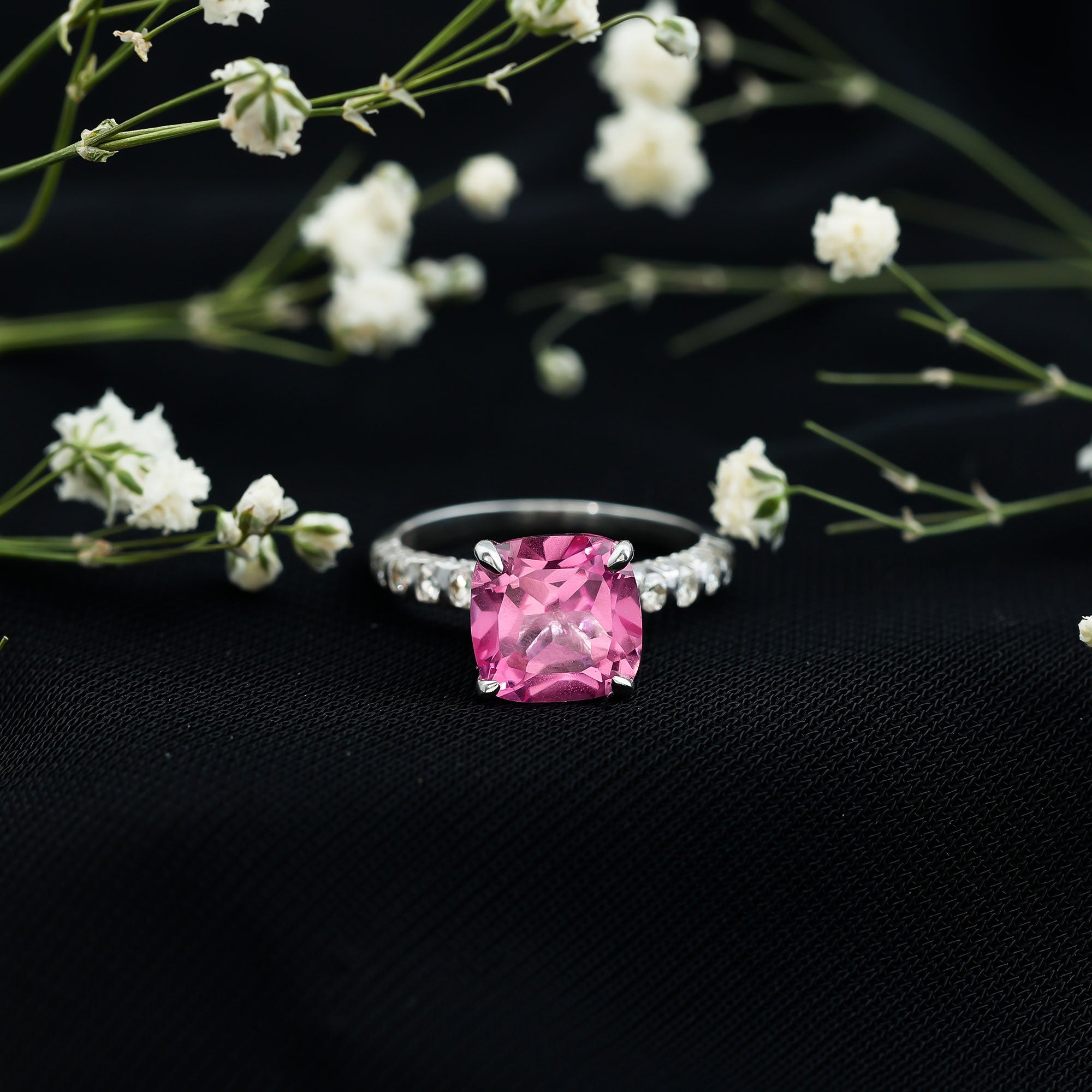 2.75 Carat Cushion Cut Lab Created Pink Sapphire Engagement Ring with Diamond AAAA - Rosec Jewels