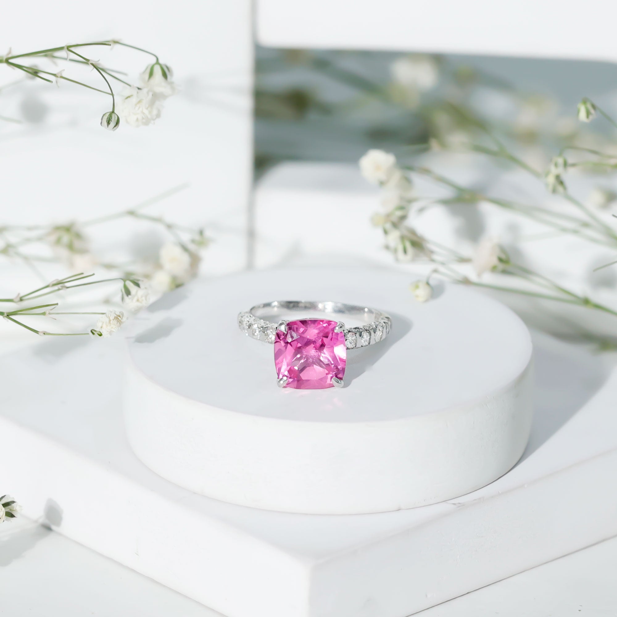 2.75 Carat Cushion Cut Lab Created Pink Sapphire Engagement Ring with Diamond AAAA - Rosec Jewels