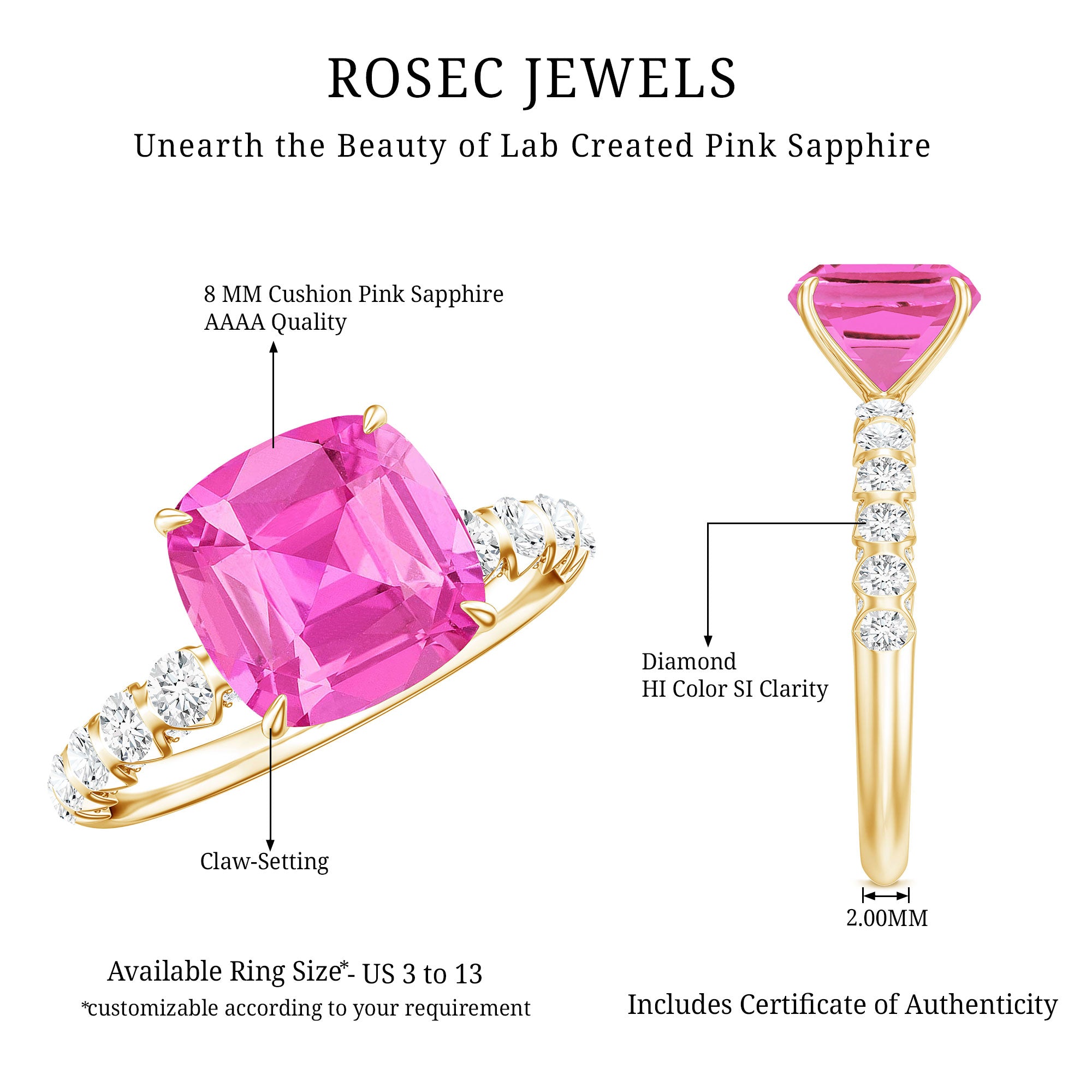 2.75 Carat Cushion Cut Lab Created Pink Sapphire Engagement Ring with Diamond AAAA - Rosec Jewels