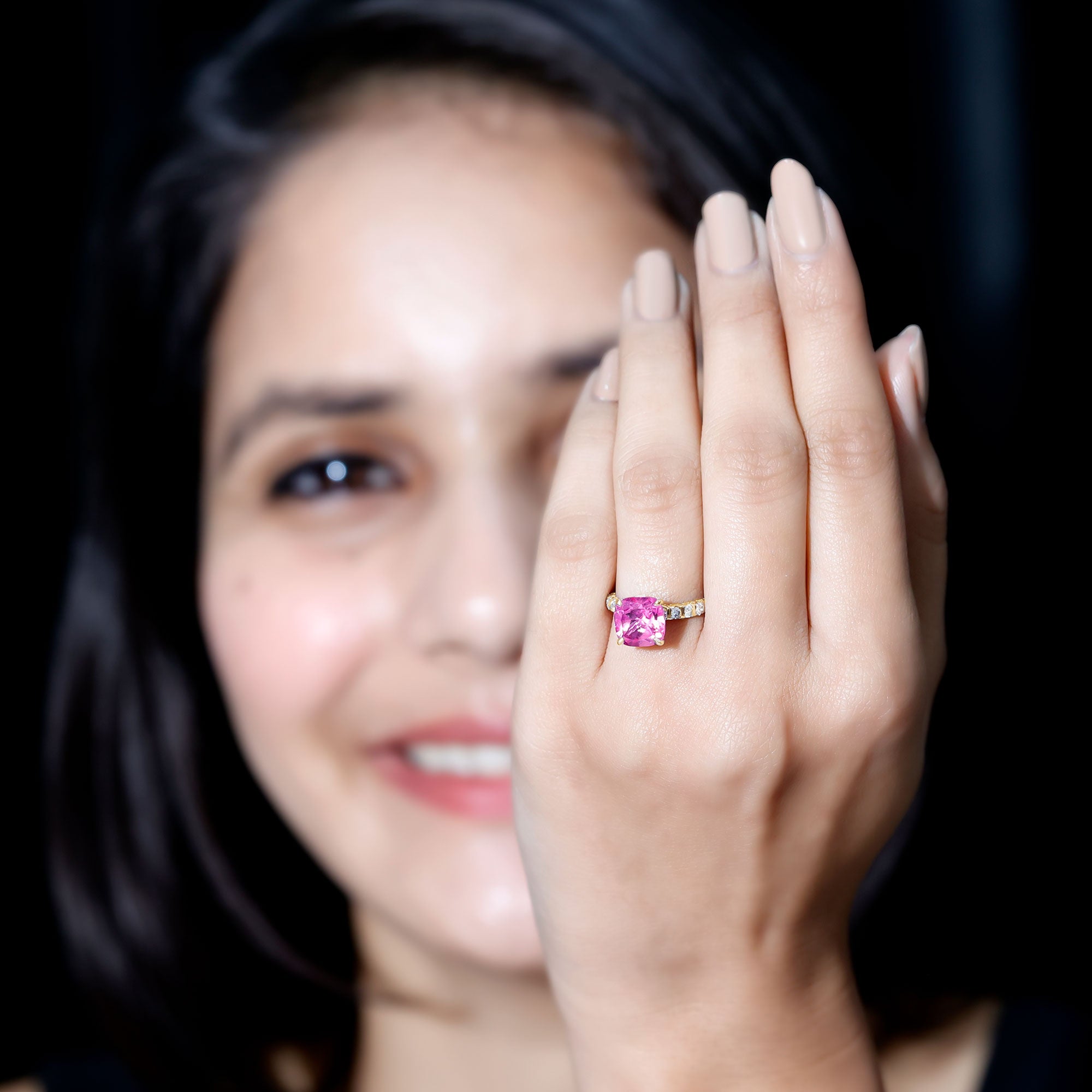 2.75 Carat Cushion Cut Lab Created Pink Sapphire Engagement Ring with Diamond AAAA - Rosec Jewels