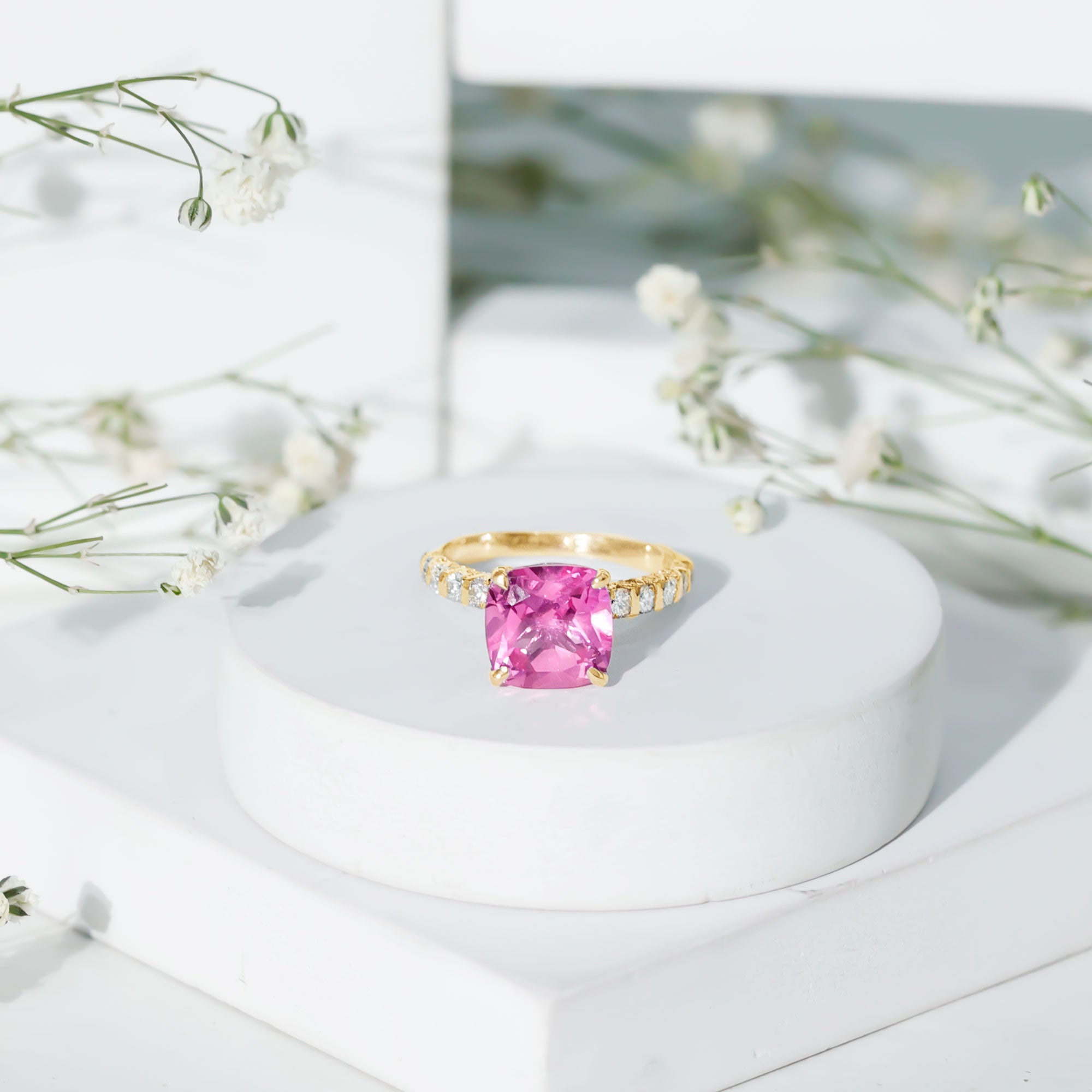 2.75 Carat Cushion Cut Lab Created Pink Sapphire Engagement Ring with Diamond AAAA - Rosec Jewels