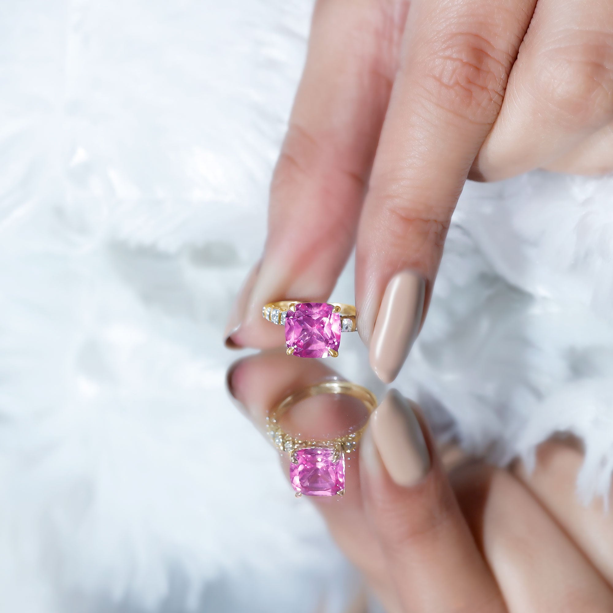 2.75 Carat Cushion Cut Lab Created Pink Sapphire Engagement Ring with Diamond AAAA - Rosec Jewels