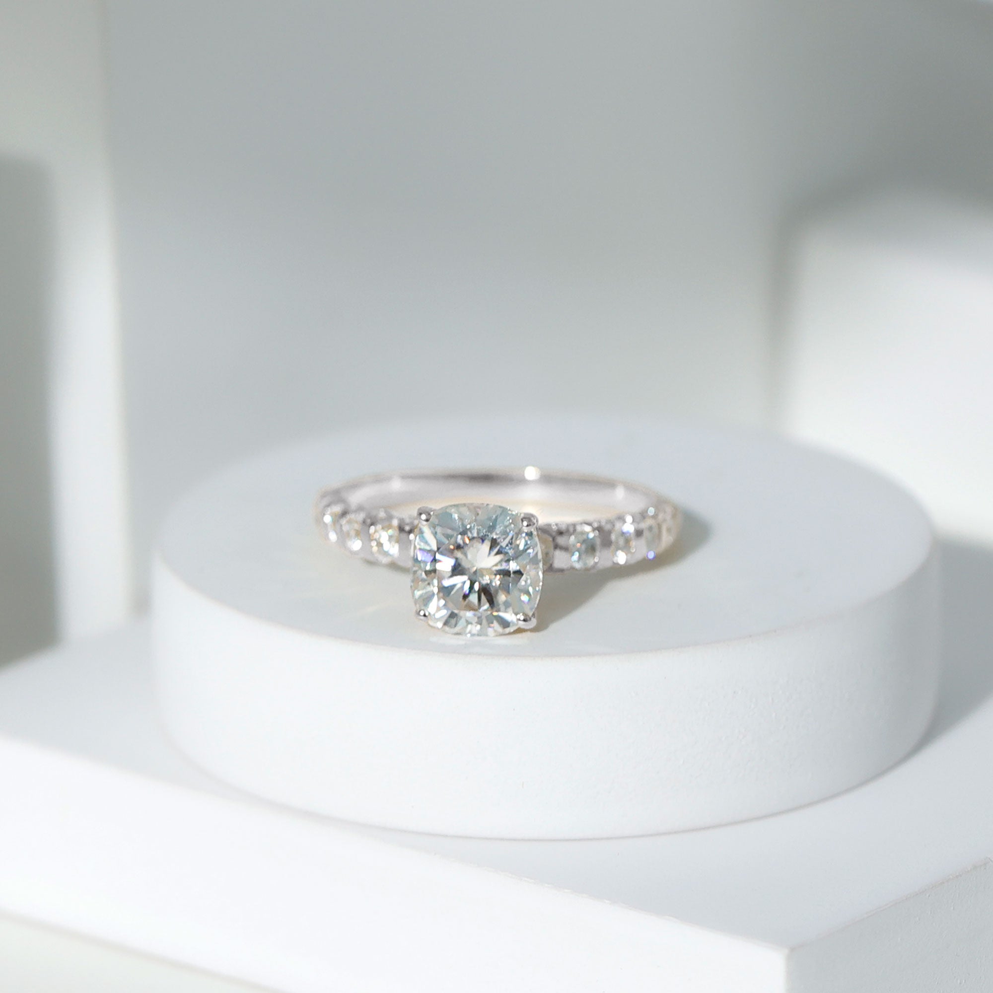 Cushion Cut Zircon Engagement Ring with Side Stones AAAA - Rosec Jewels