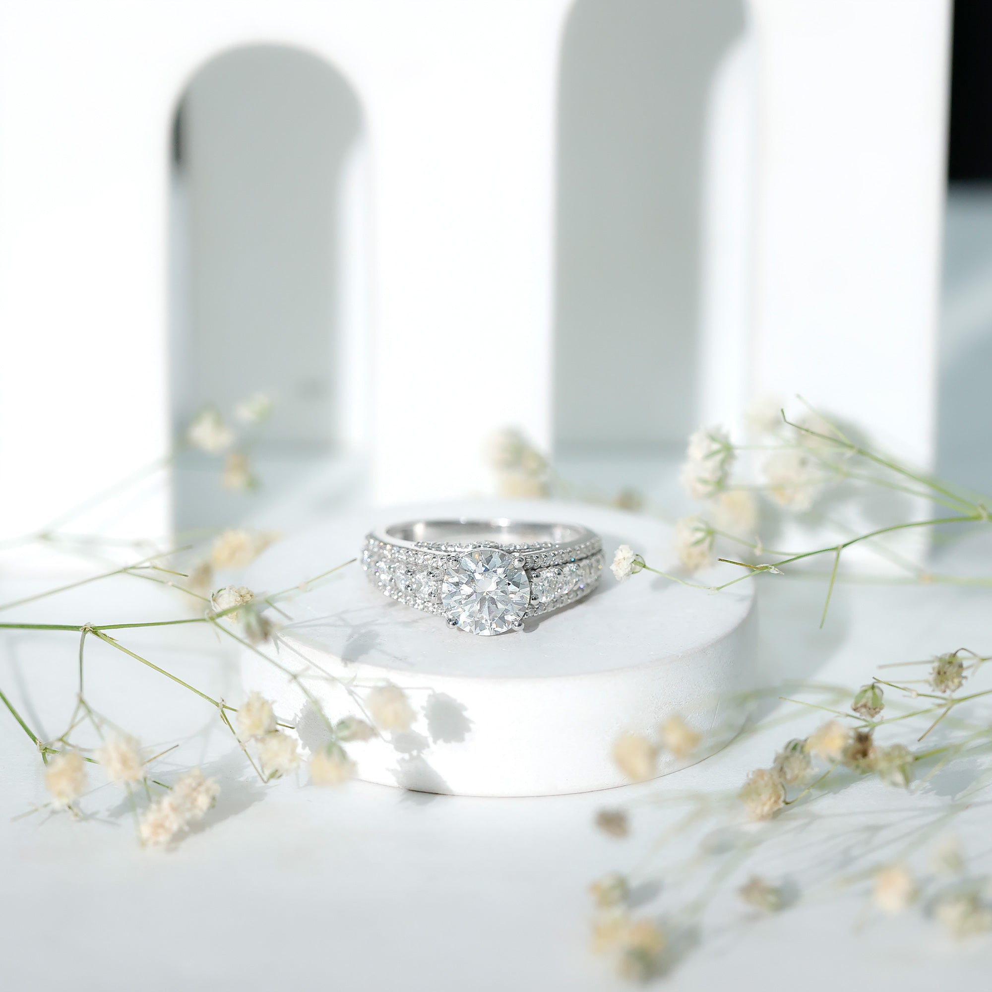 Round Cubic Zirconia Engagement Ring with Side Stones AAAA - Rosec Jewels