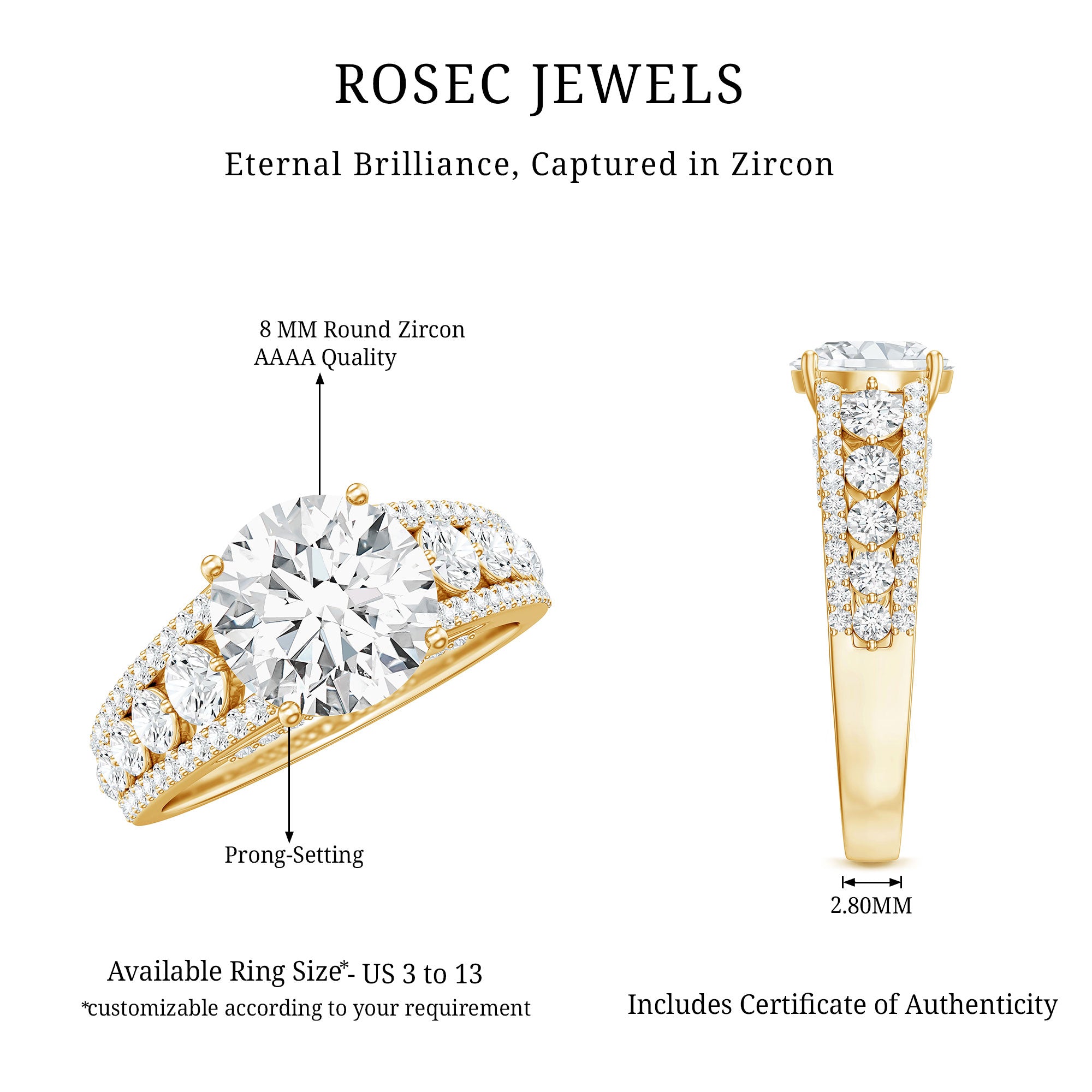 Round Cubic Zirconia Engagement Ring with Side Stones AAAA - Rosec Jewels
