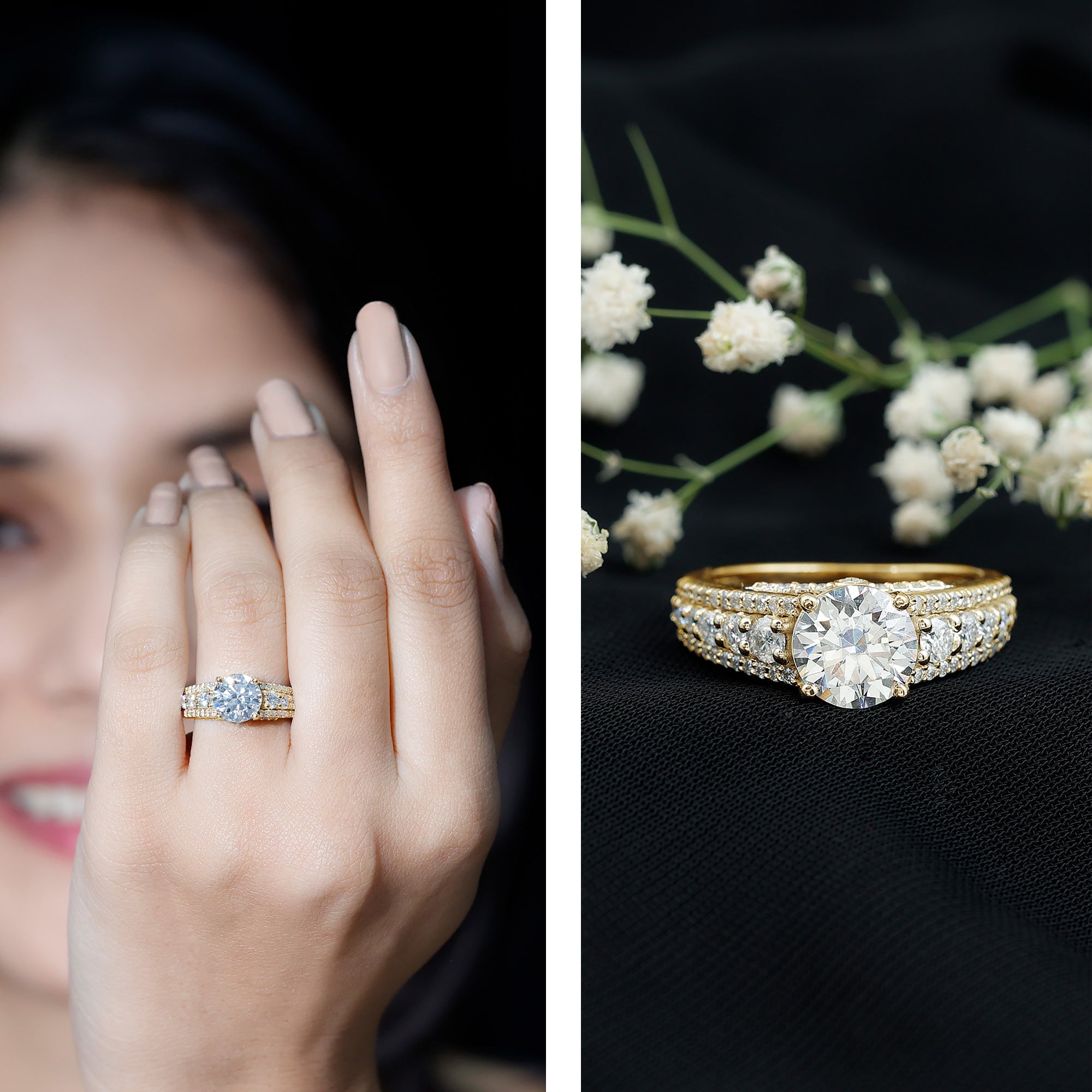 Round Cubic Zirconia Engagement Ring with Side Stones AAAA - Rosec Jewels