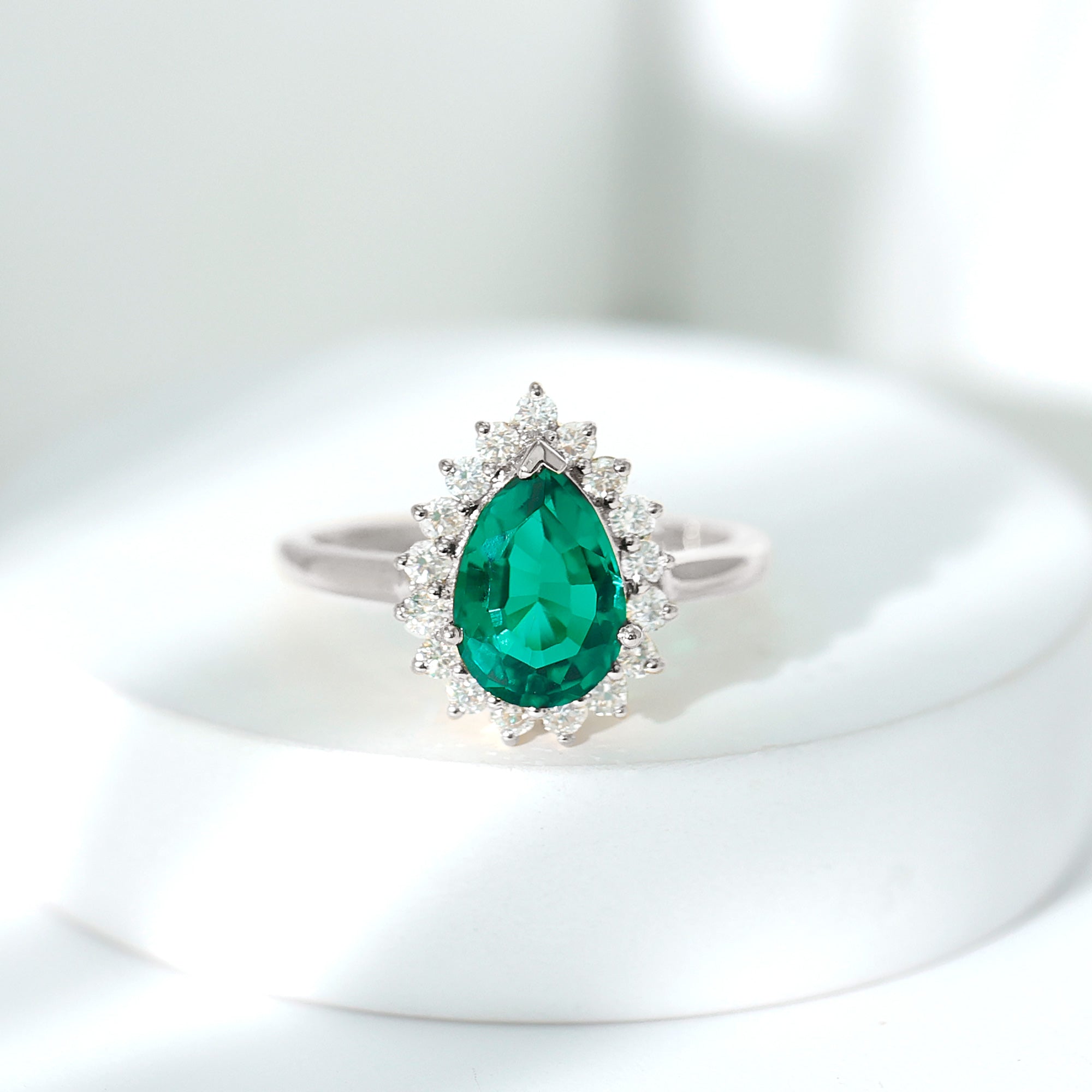 2 Carat Pear Cut Lab Created Emerald Halo Engagement Ring with Diamond AAAA - Rosec Jewels