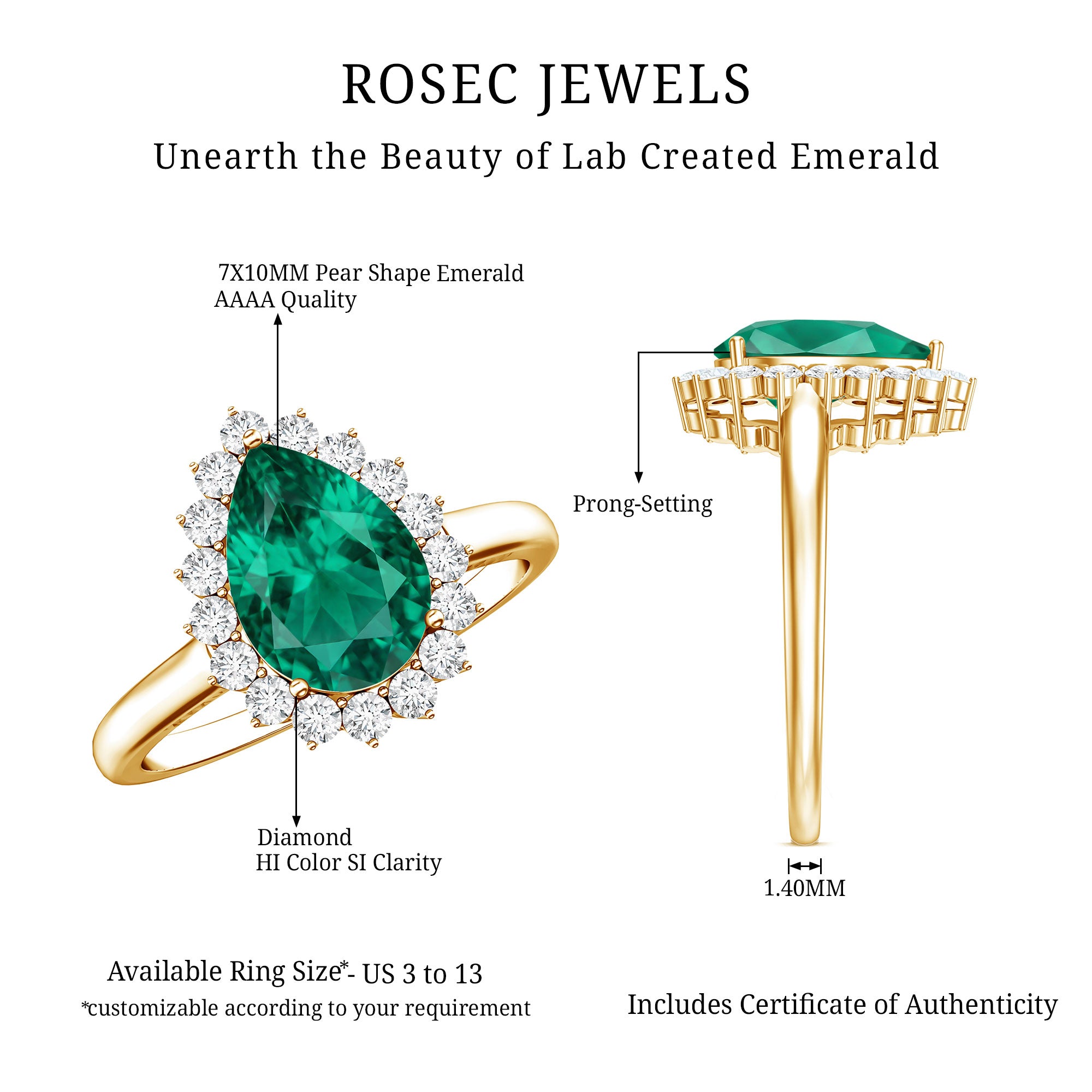 2 Carat Pear Cut Lab Created Emerald Halo Engagement Ring with Diamond AAAA - Rosec Jewels