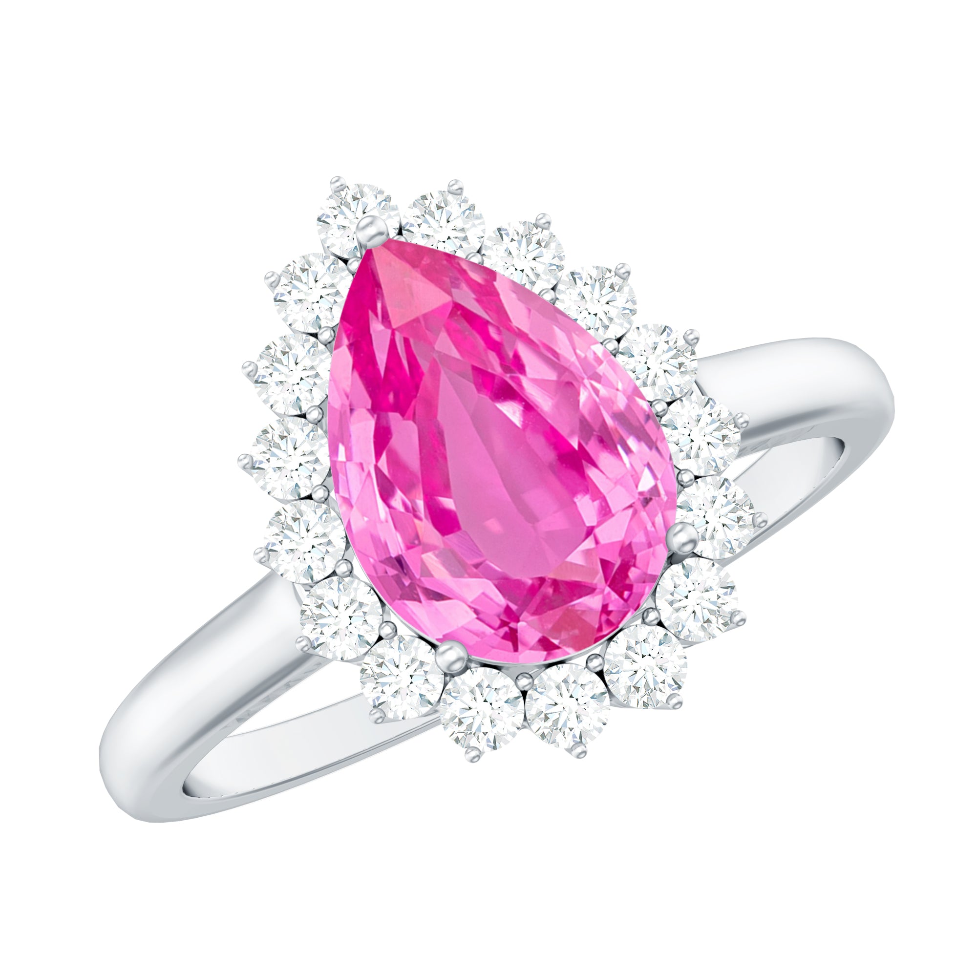 Pear Created Pink Sapphire and Diamond Halo Engagement Ring