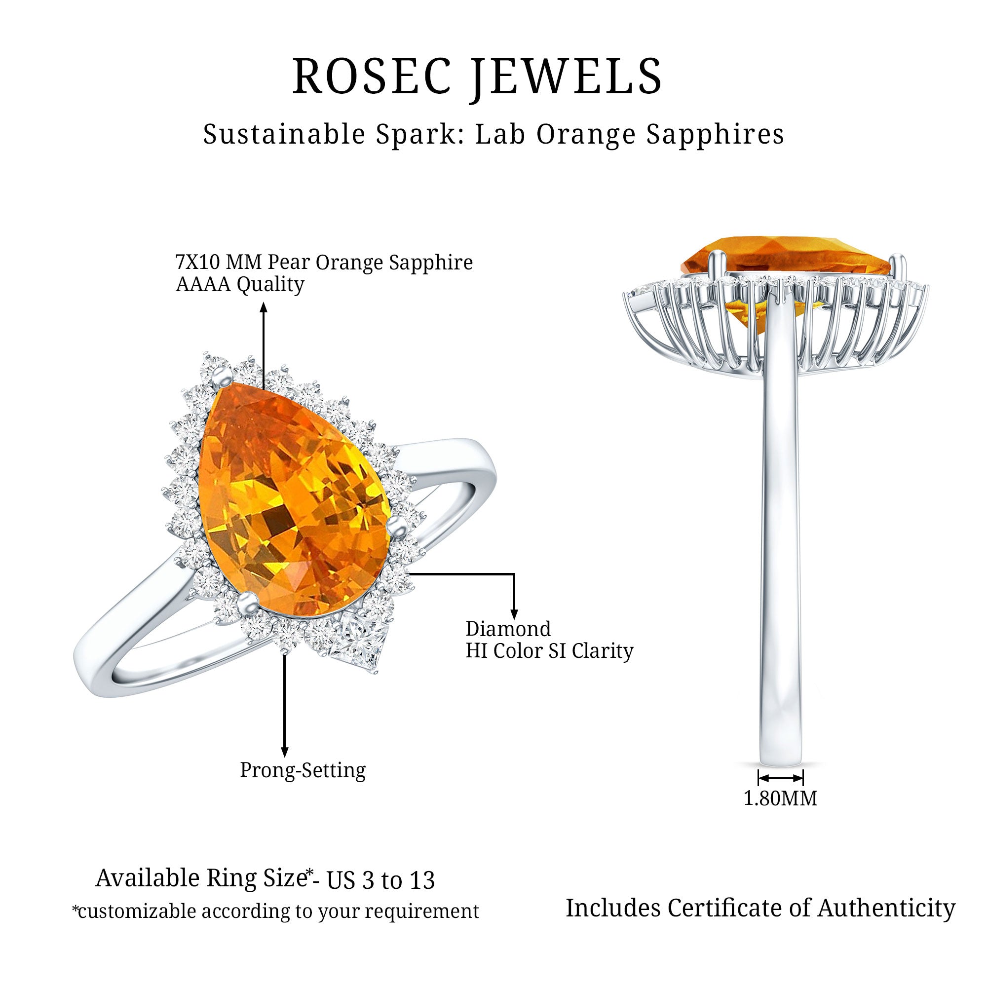 Certified 2.5 Carat Lab Grown Orange Sapphire Engagement Ring with Real Diamond Halo AAAA - Rosec Jewels