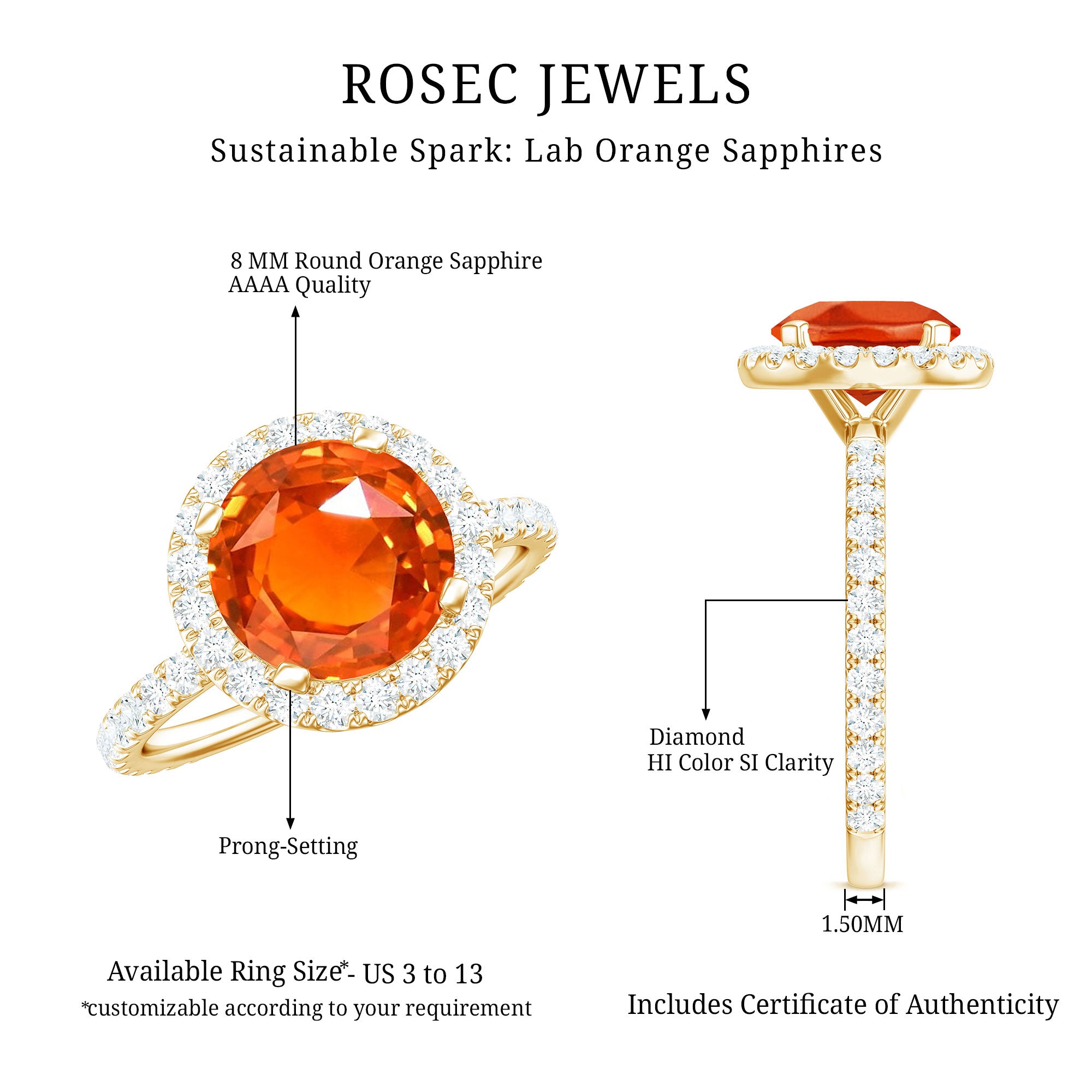 Certified 2.25 Carat Lab Grown Orange Sapphire Engagement Ring with Diamond Halo AAAA - Rosec Jewels