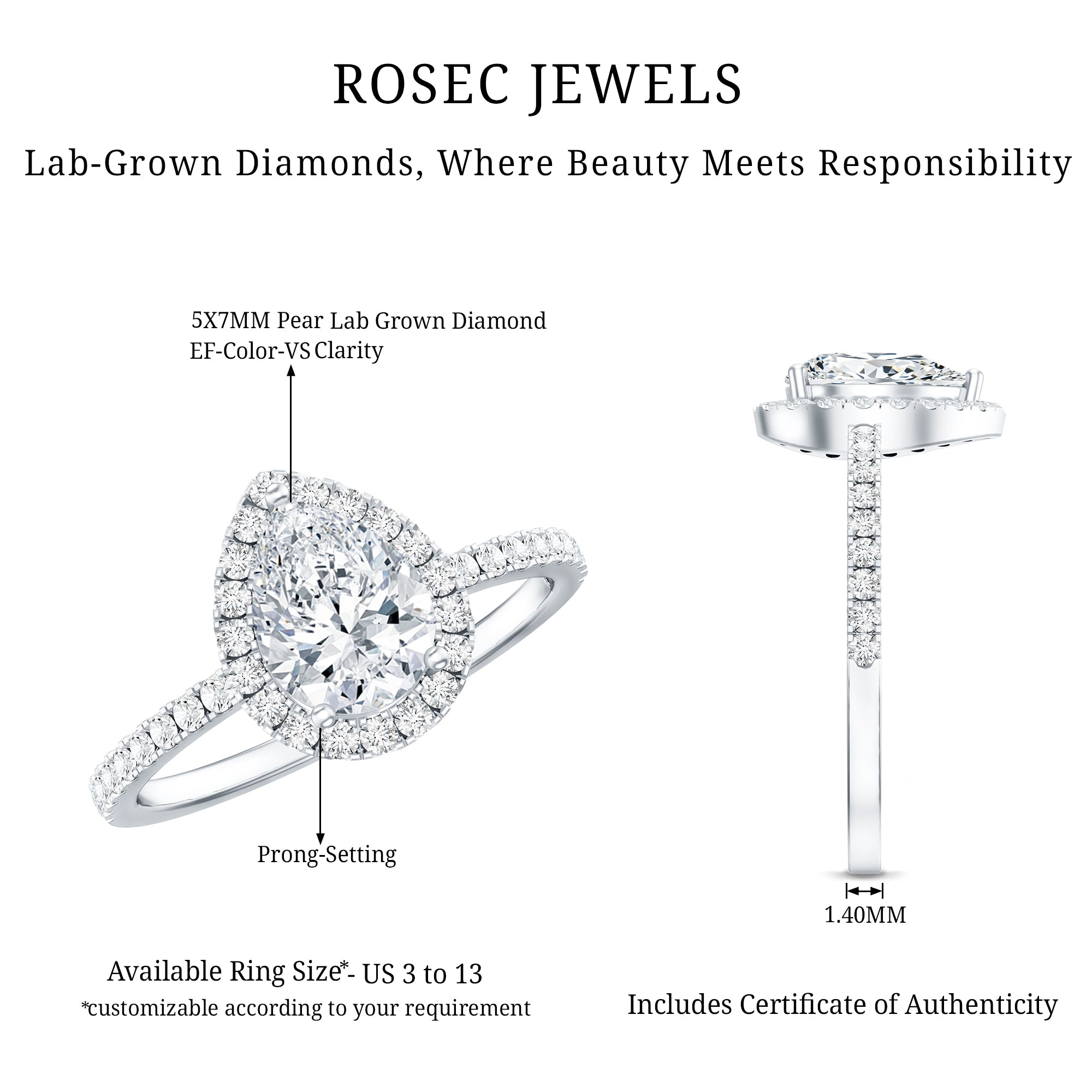 Certified Lab Grown Diamond Teardrop Halo Engagement Ring Lab - ( EF-VS ) - Rosec Jewels