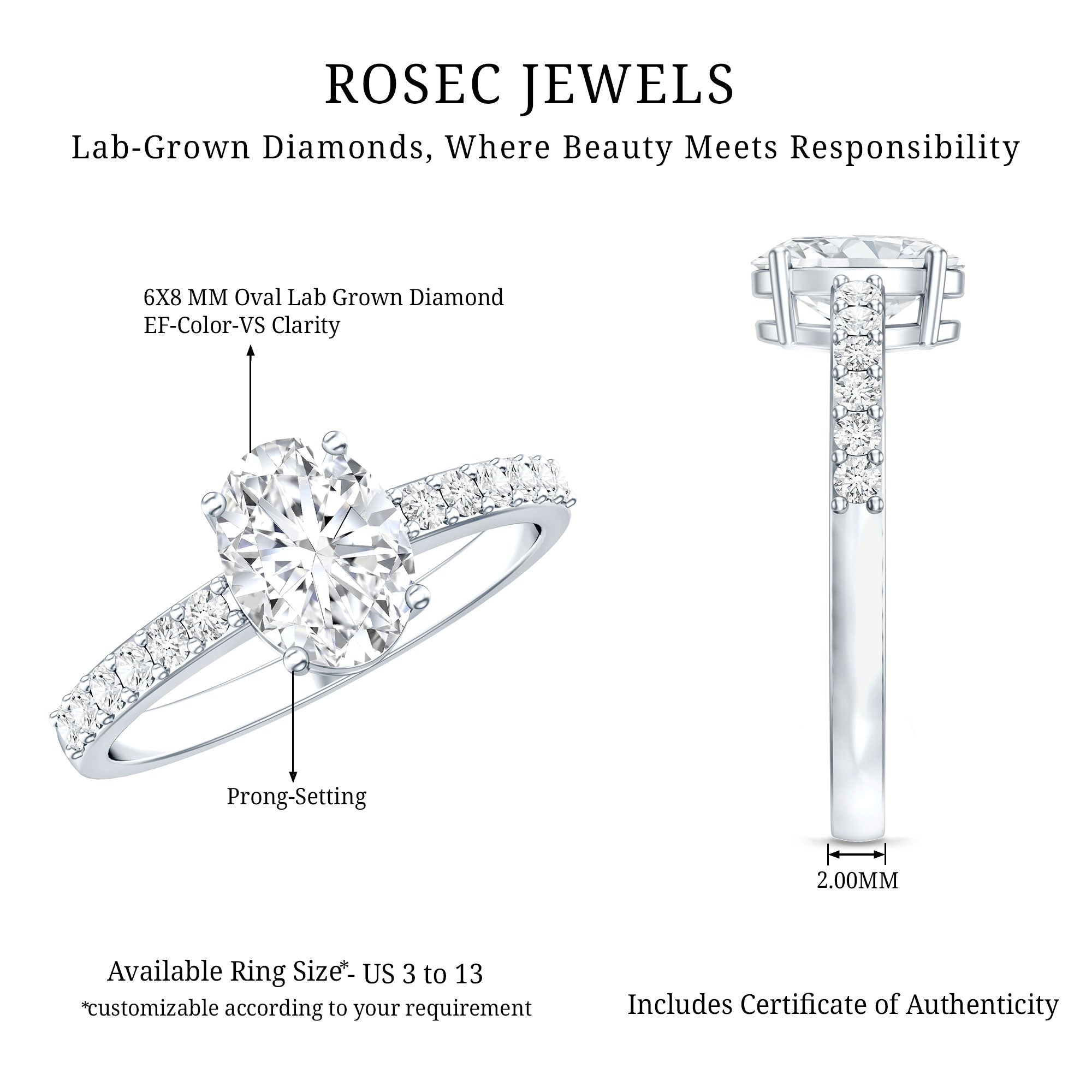 Certified 6X8 MM Lab Grown Diamond Oval Engagement Ring Lab - ( EF-VS ) - Rosec Jewels