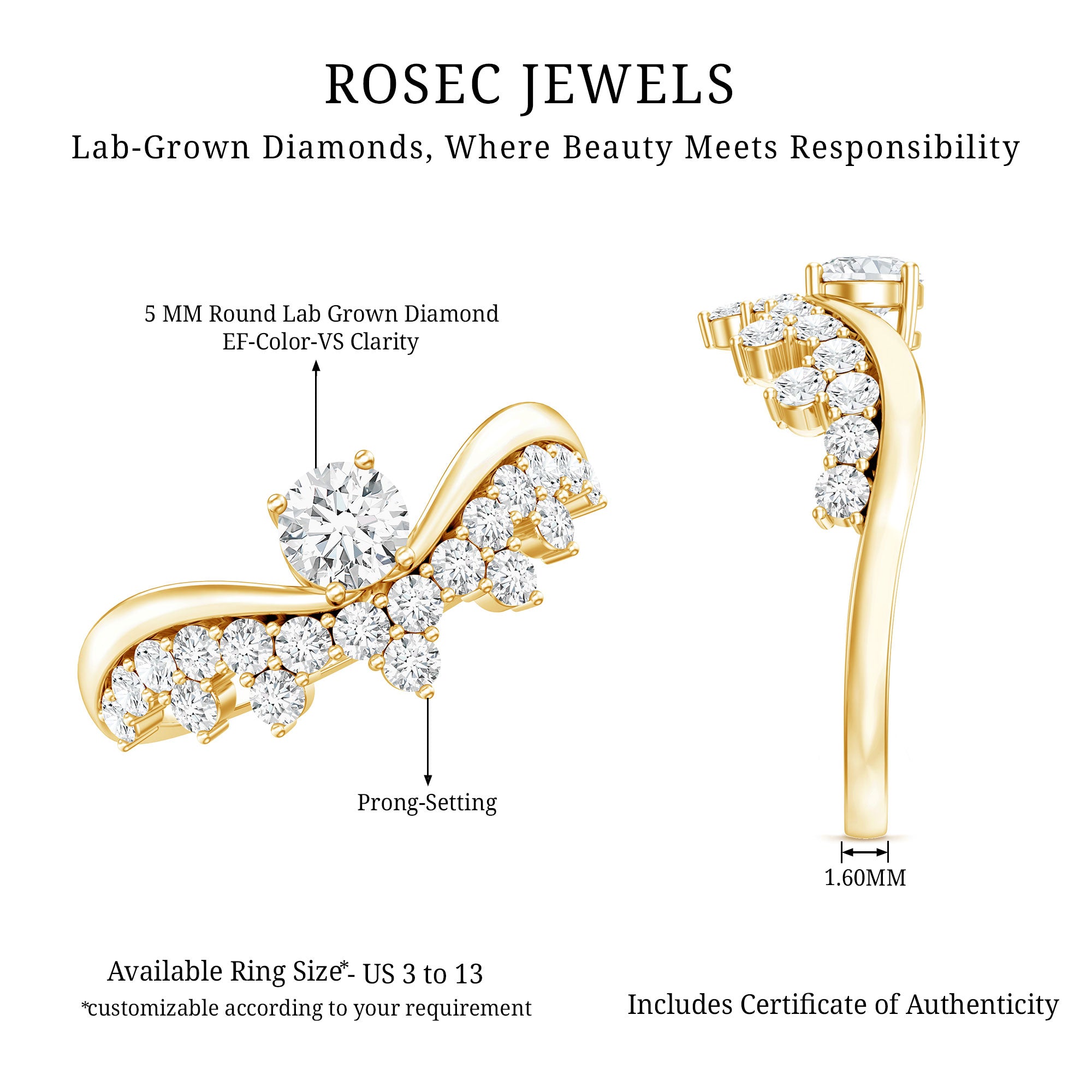 Certified Lab Grown Diamond Designer Engagement Ring Lab - ( EF-VS ) - Rosec Jewels