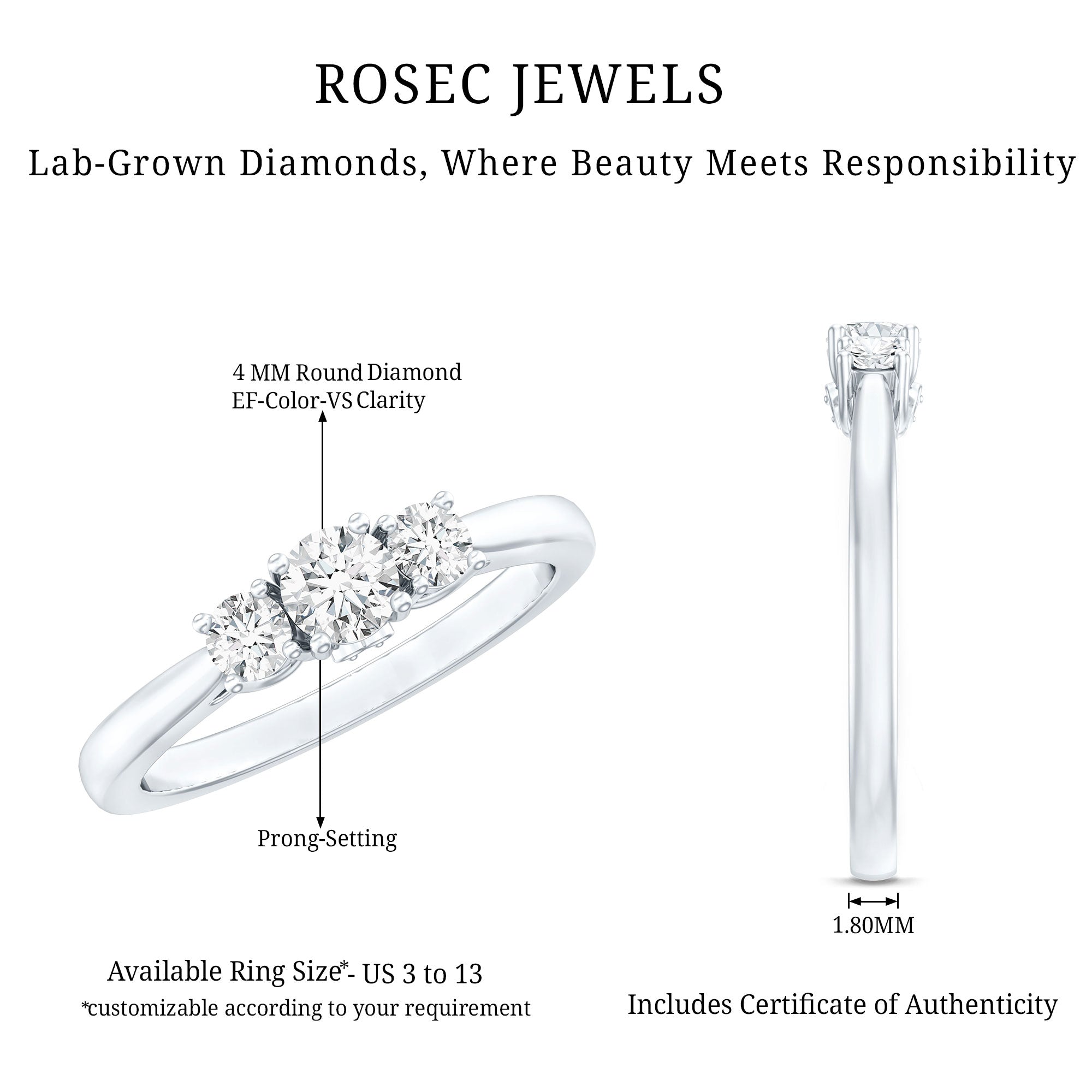 Rosec Jewels-Lab Grown Diamond Minimal 3 Stone Engagement Ring