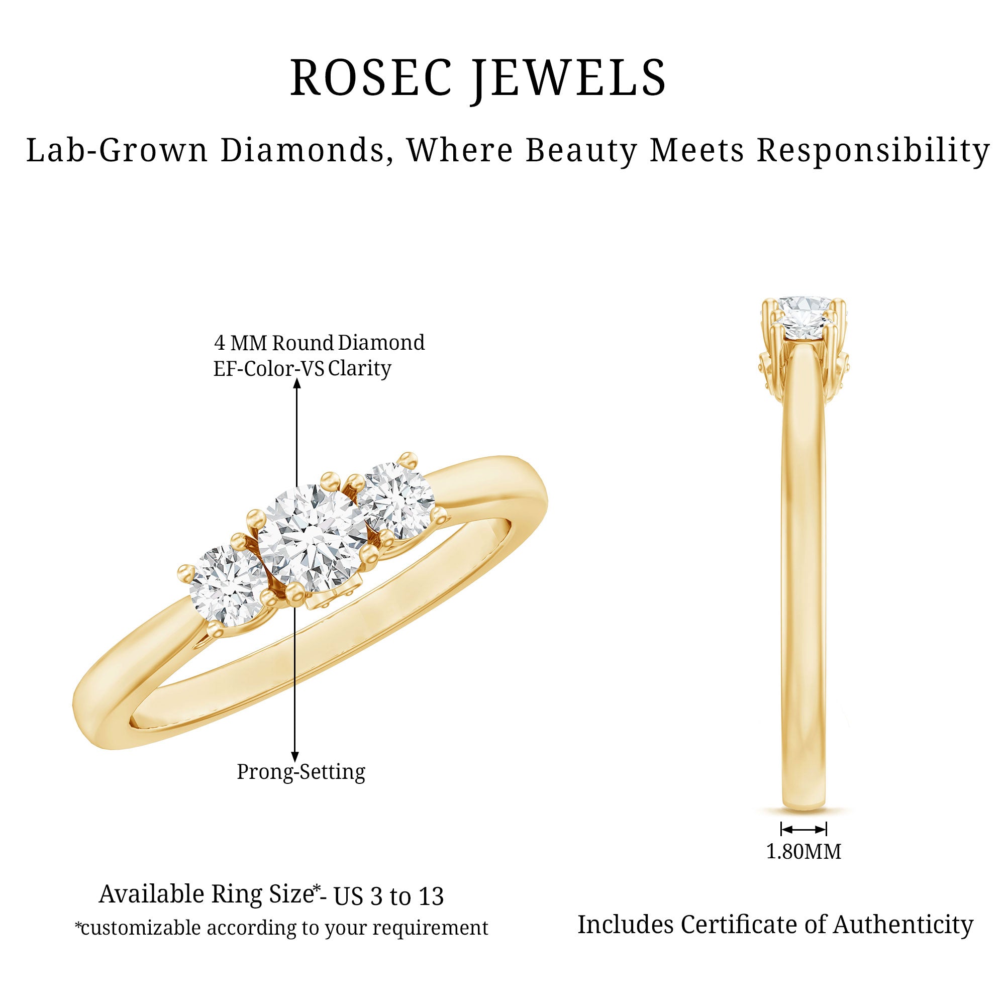 Lab Grown Diamond Minimal 3 Stone Engagement Ring Lab - ( EF-VS ) - Rosec Jewels