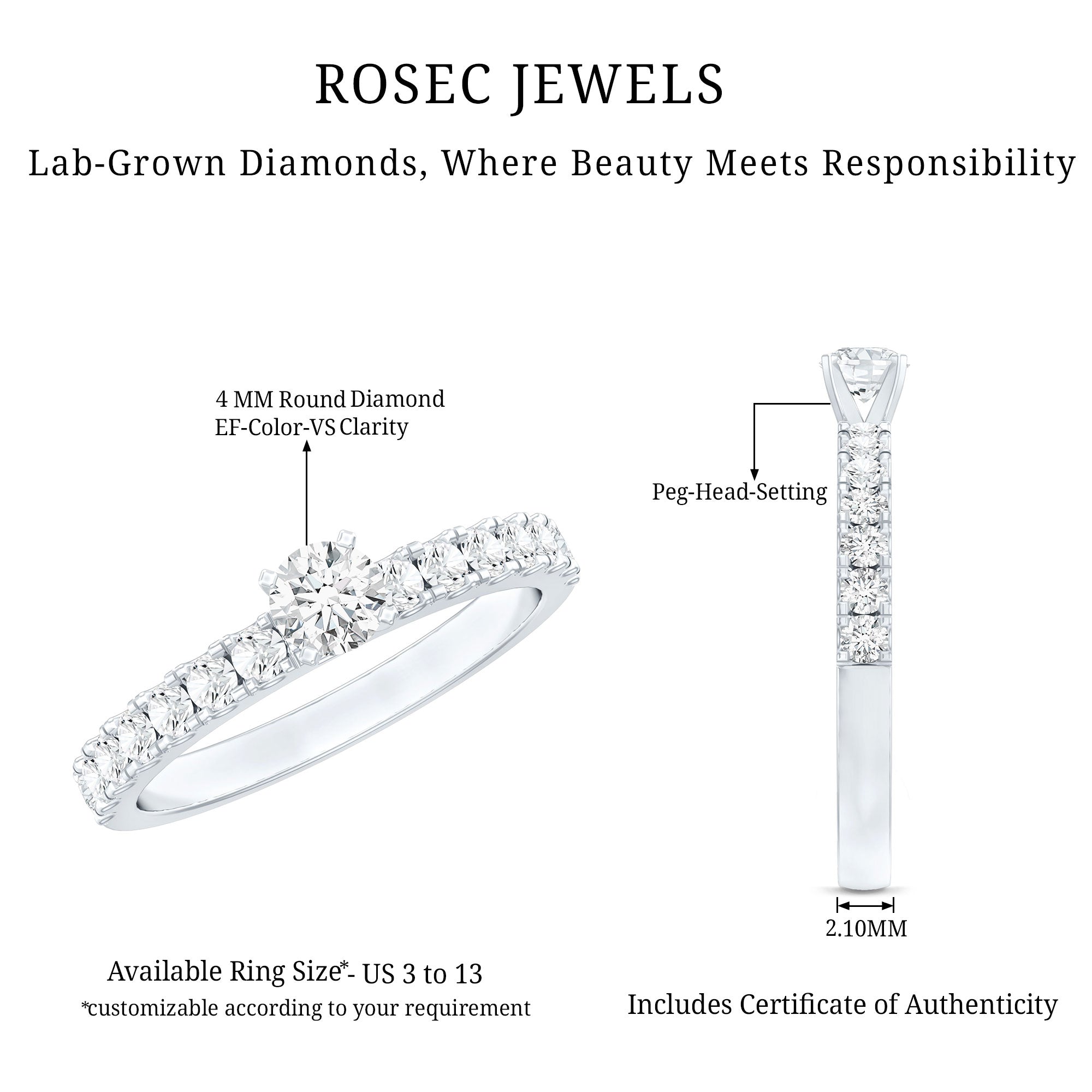Certified Lab Grown Diamond Engagement Ring with Side Stones Lab - ( EF-VS ) - Rosec Jewels