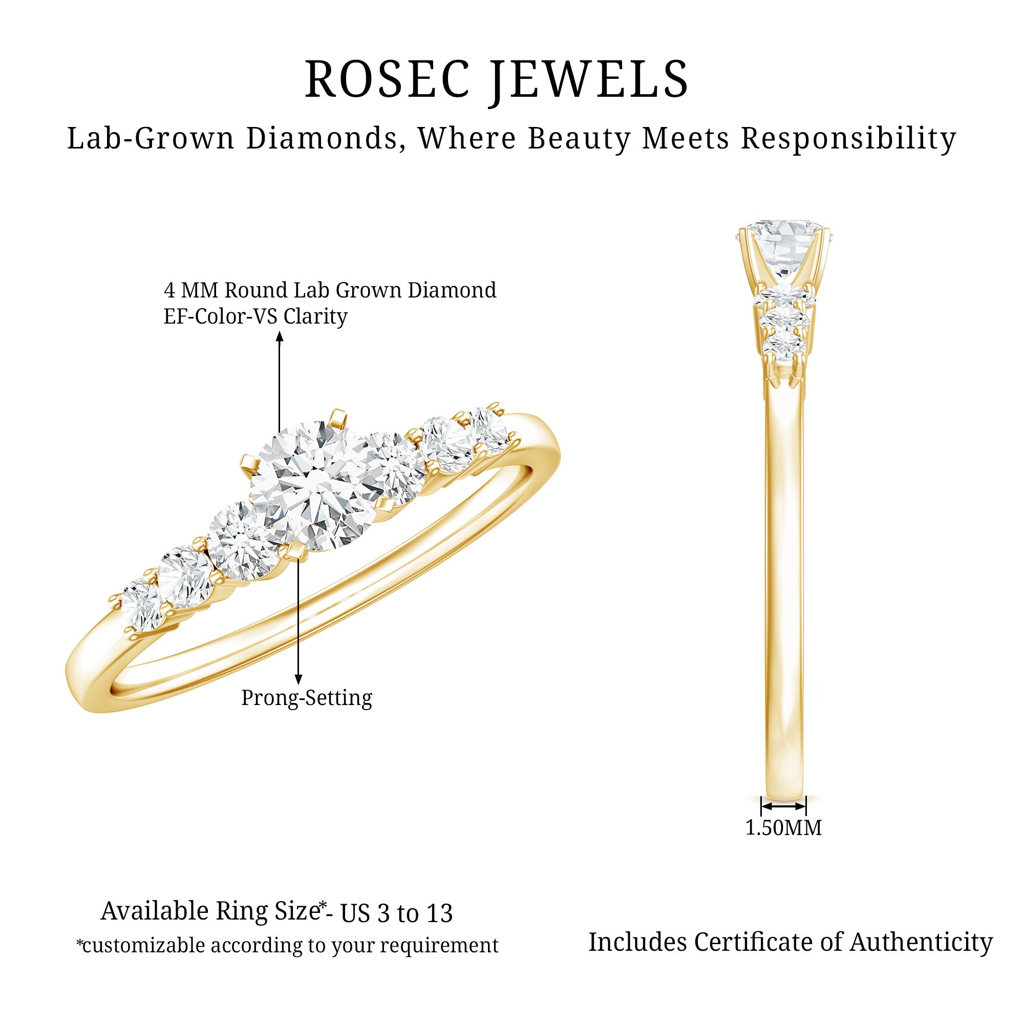 Certified Lab Grown Diamond Classic Solitaire Engagement Ring Lab - ( EF-VS ) - Rosec Jewels