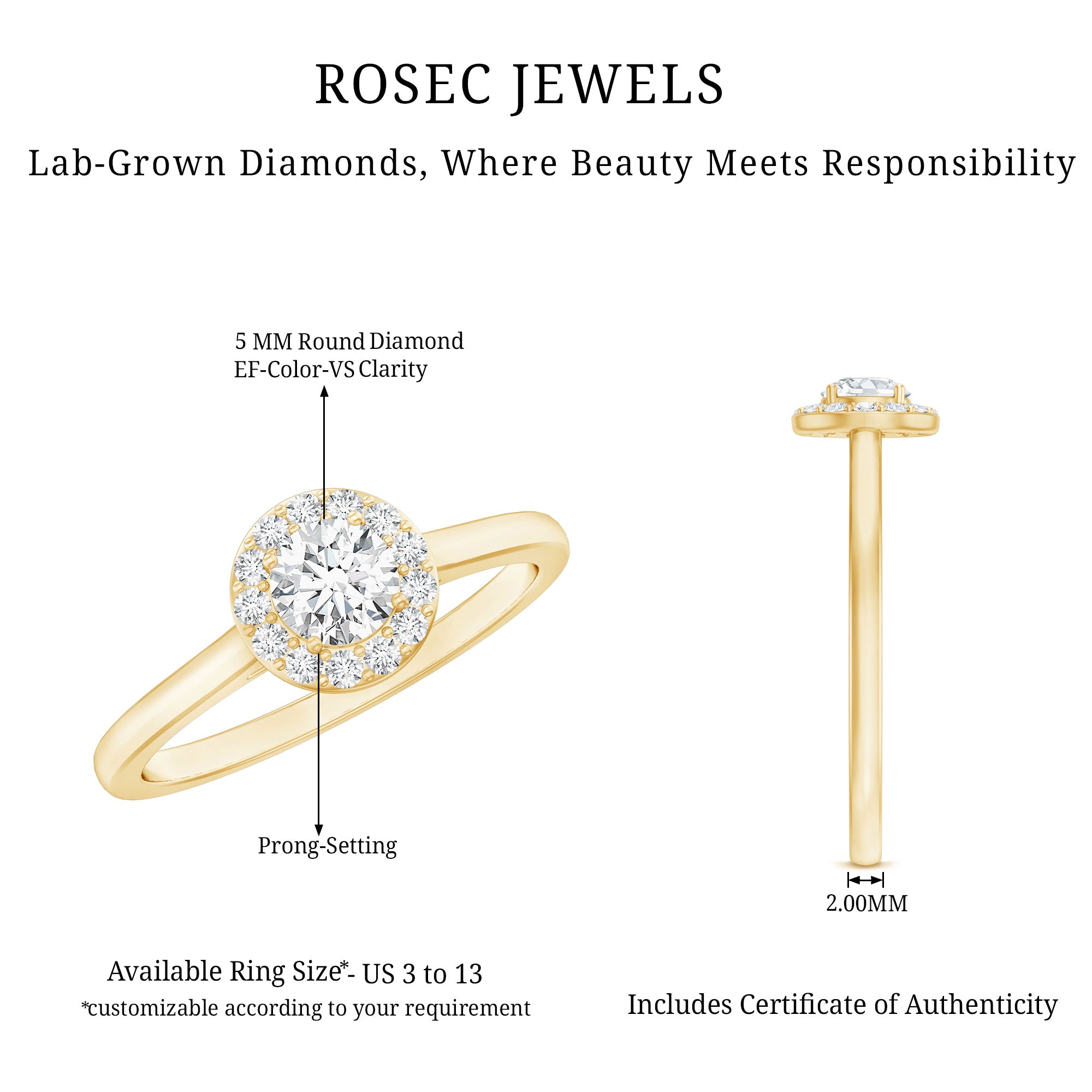 Certified Lab Grown Diamond Halo Promise Engagement Ring Lab - ( EF-VS ) - Rosec Jewels