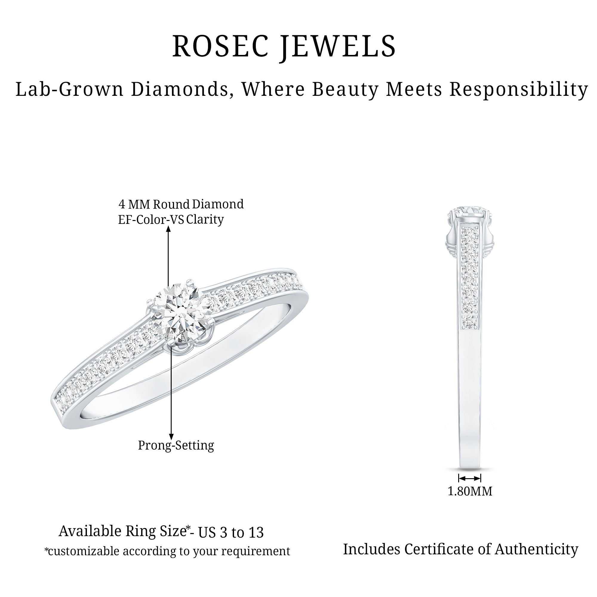 Certified Lab Grown Diamond Minimalistic Engagement Ring Lab - ( EF-VS ) - Rosec Jewels