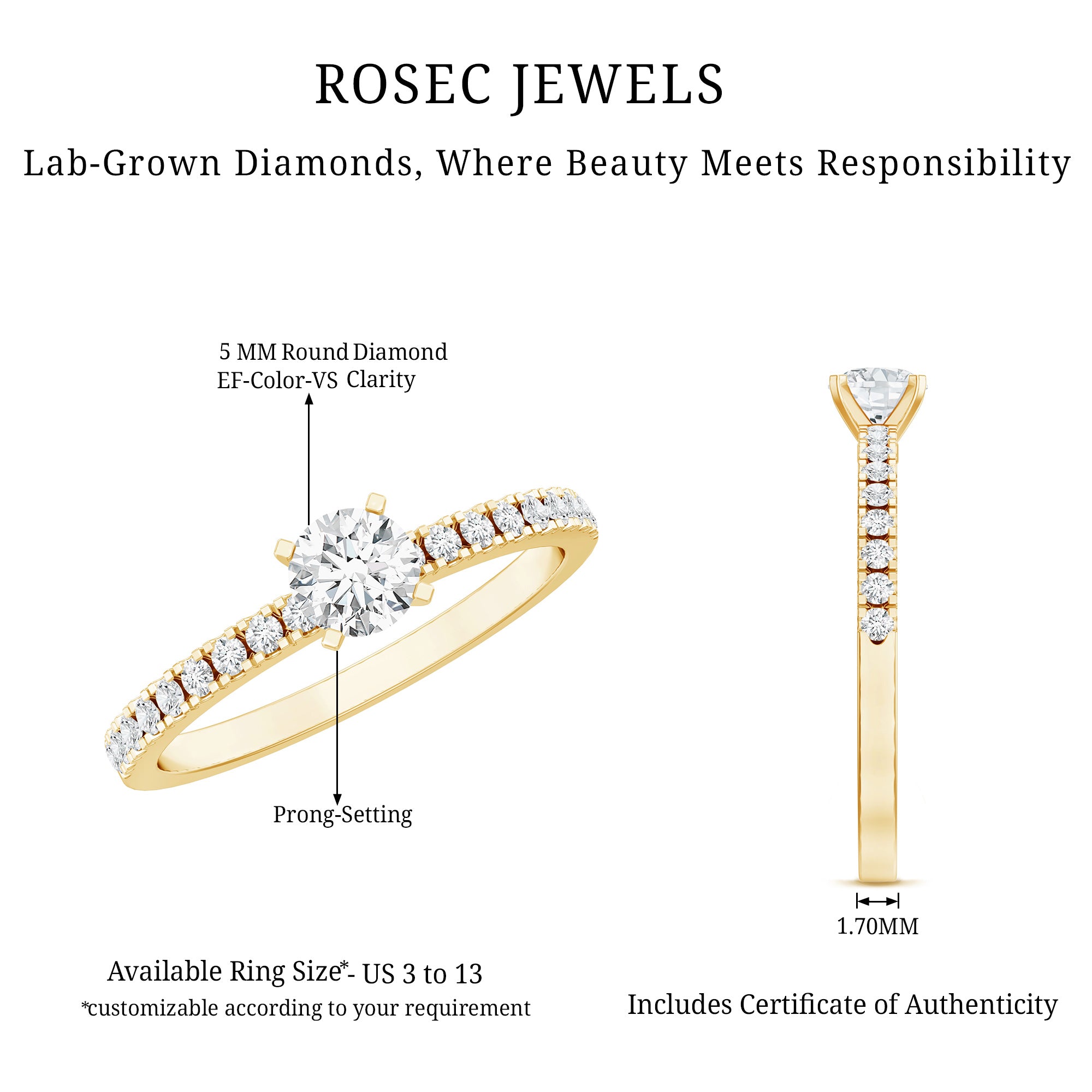 5 MM Lab Grown Diamond Simple Engagement Ring with Side Stones Lab - ( EF-VS ) - Rosec Jewels