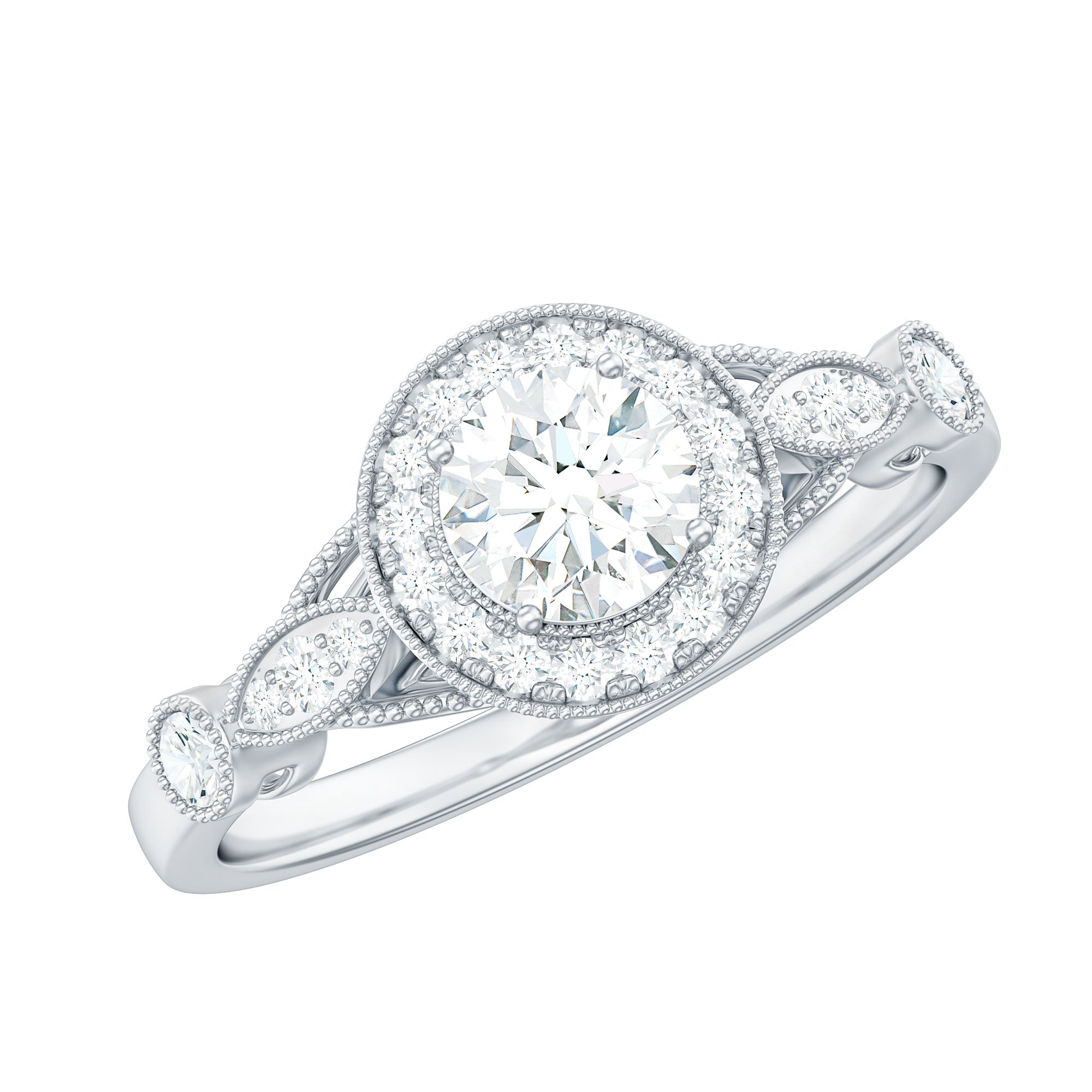 Certified 5 MM Lab Grown Diamond Halo Engagement Ring With Side Stones