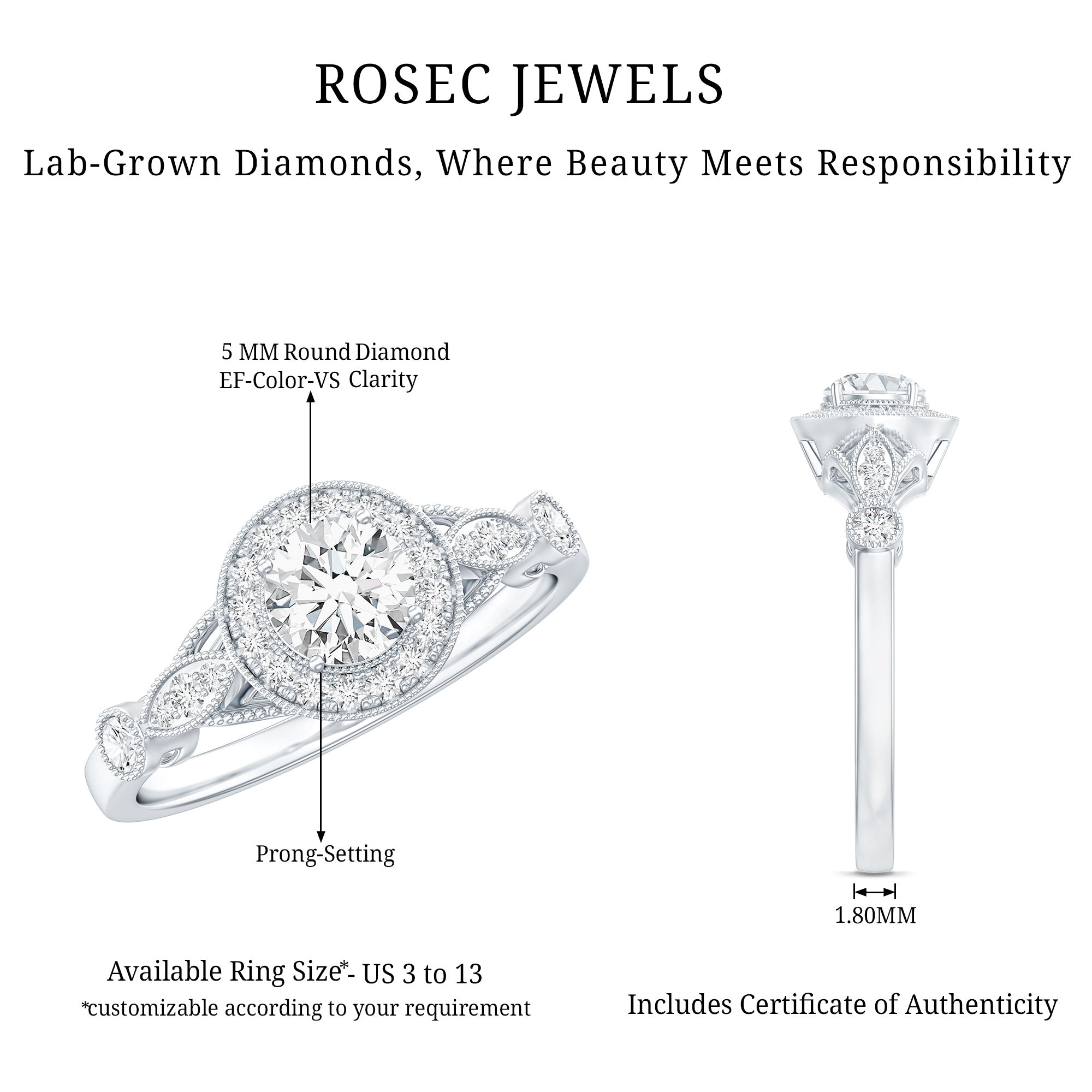 Certified 5 MM Lab Grown Diamond Halo Engagement Ring With Side Stones Lab - ( EF-VS ) - Rosec Jewels