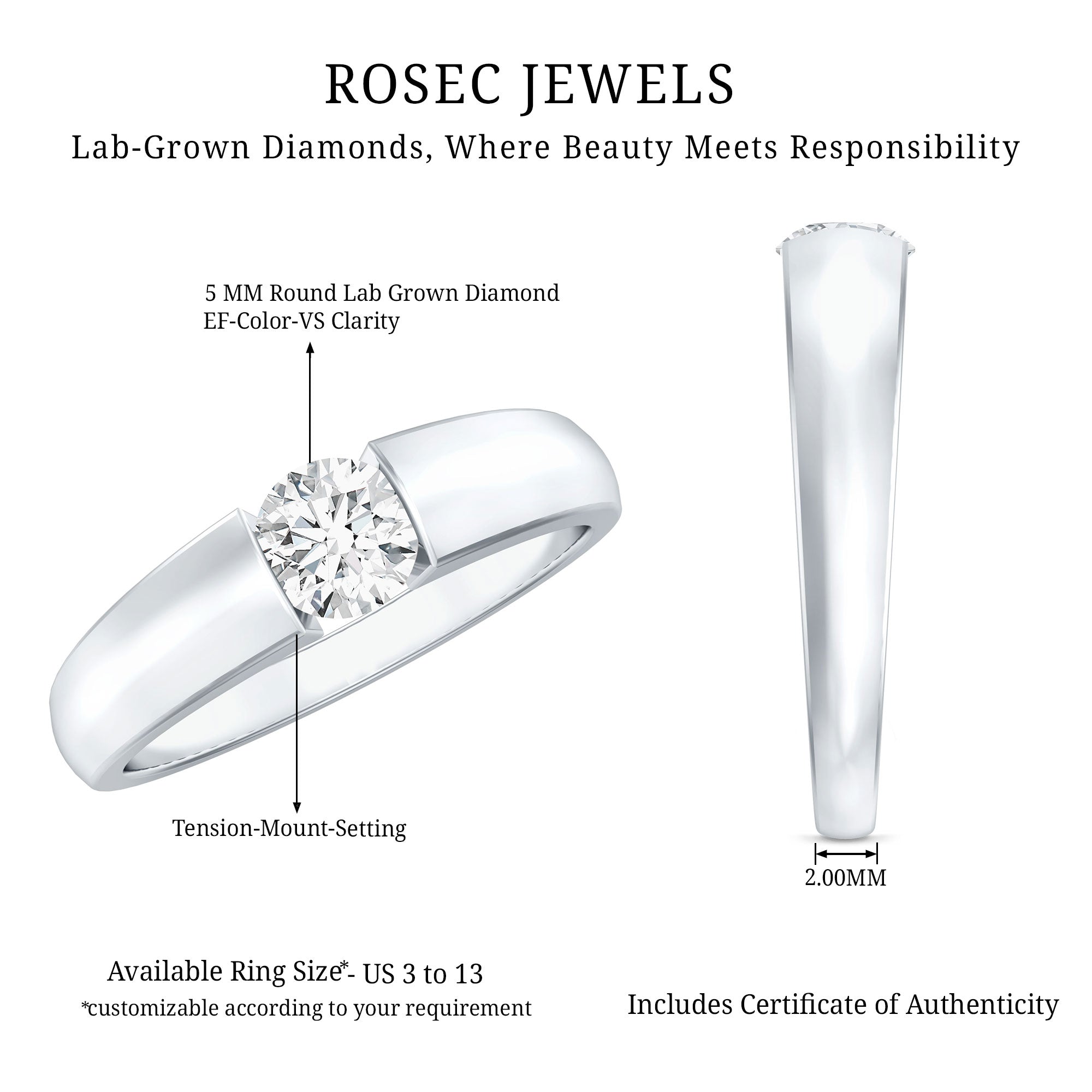 0.4 Carat Tension Mount Set Lab Grown Diamond Solitaire Band Ring Lab - ( EF-VS ) - Rosec Jewels