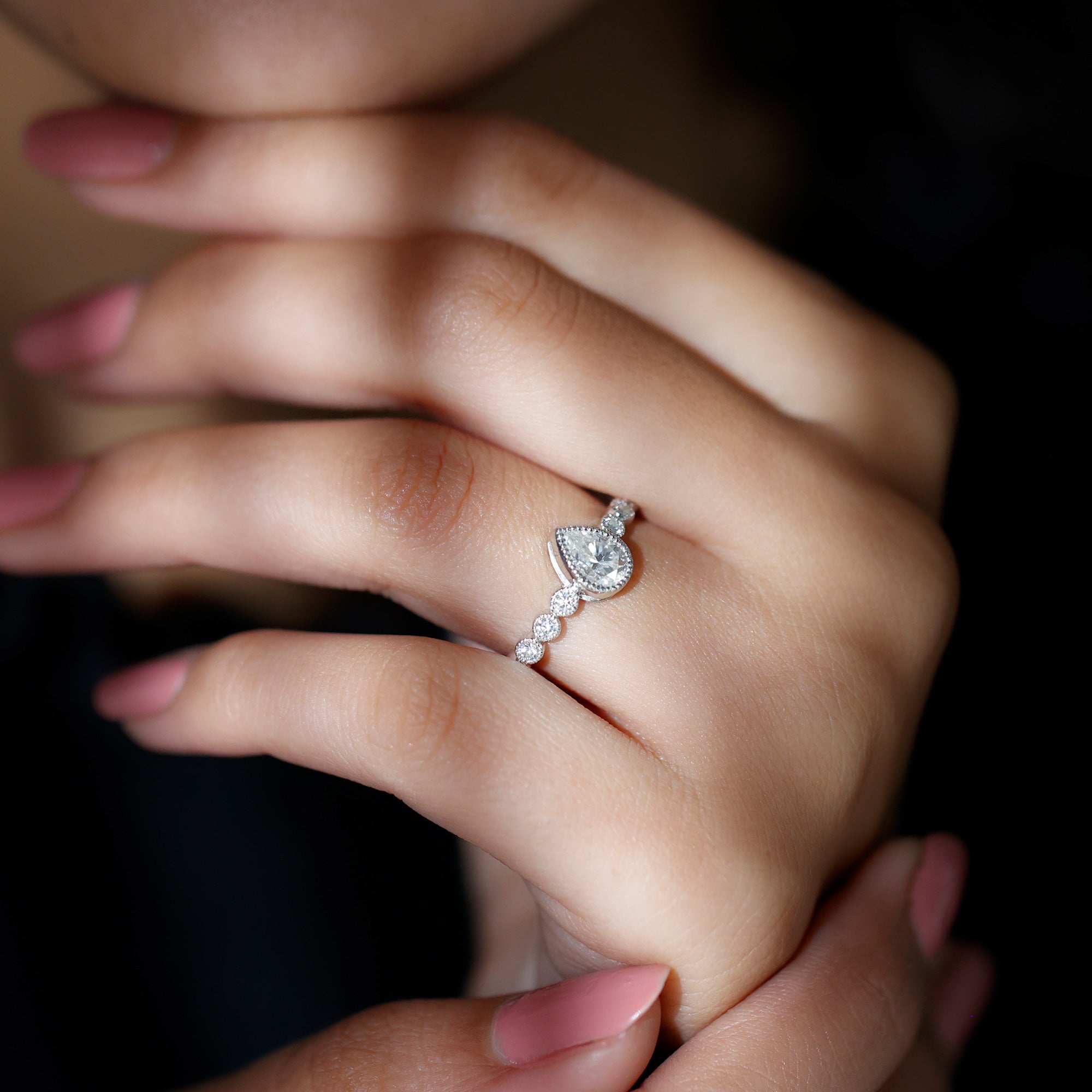 Lab Grown Diamond 5X7 MM Pear Shaped Engagement Ring With Side Stones Lab - ( EF-VS ) - Rosec Jewels