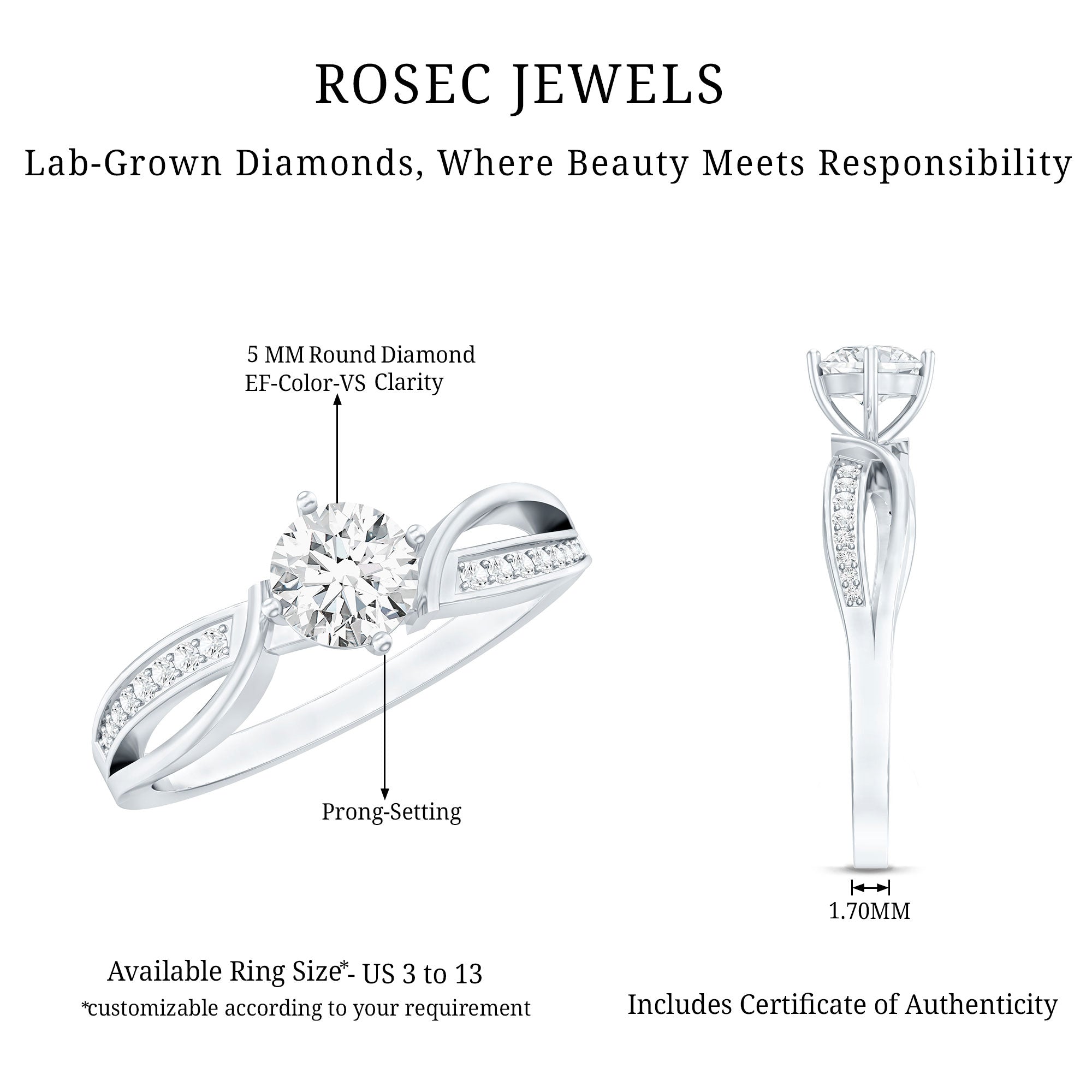 Certified Lab Grown Diamond 5 MM Infinity Engagement Ring Lab - ( EF-VS ) - Rosec Jewels