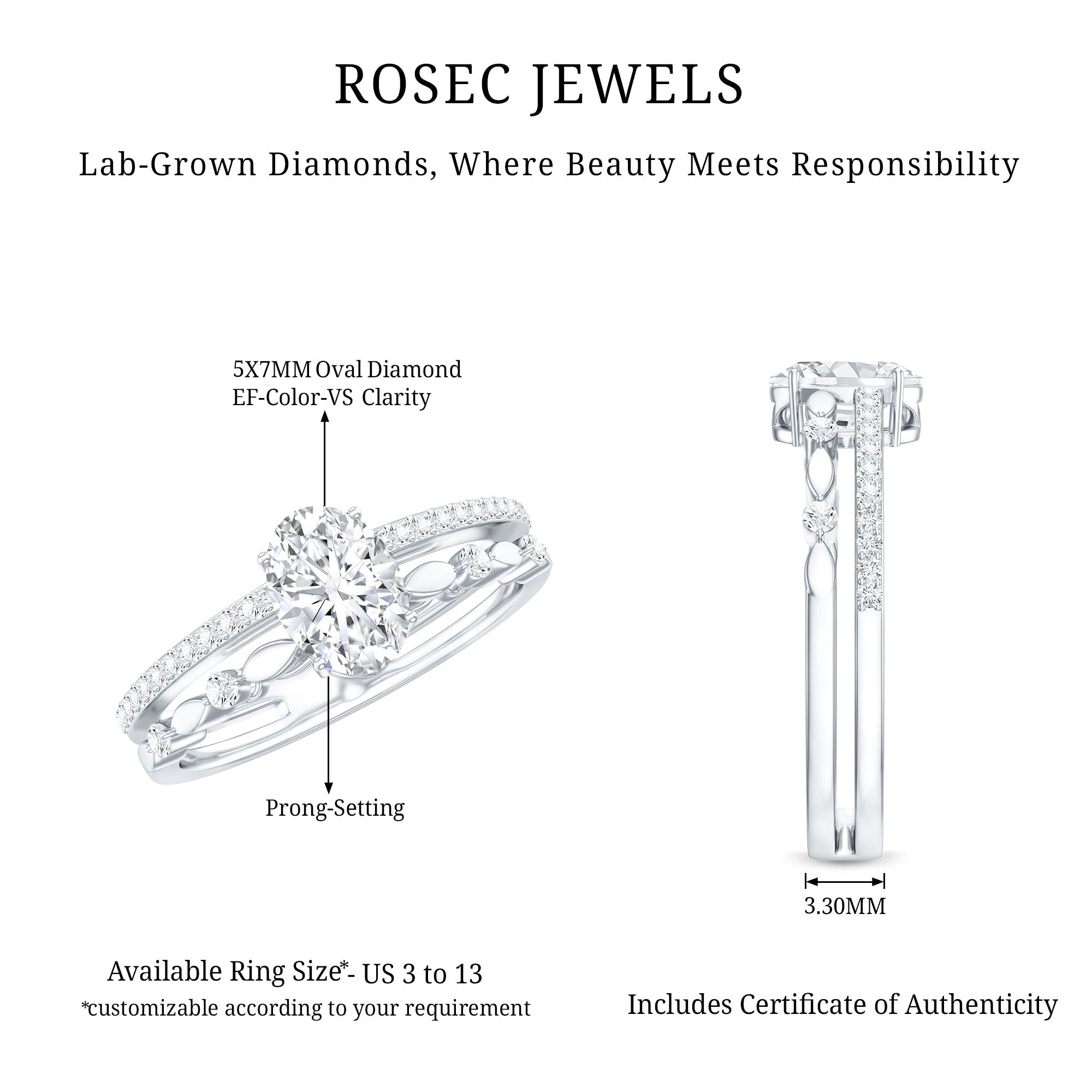Rosec Jewels-Lab Grown Diamond 5X7 MM Oval Shaped Double Band Engagement Ring