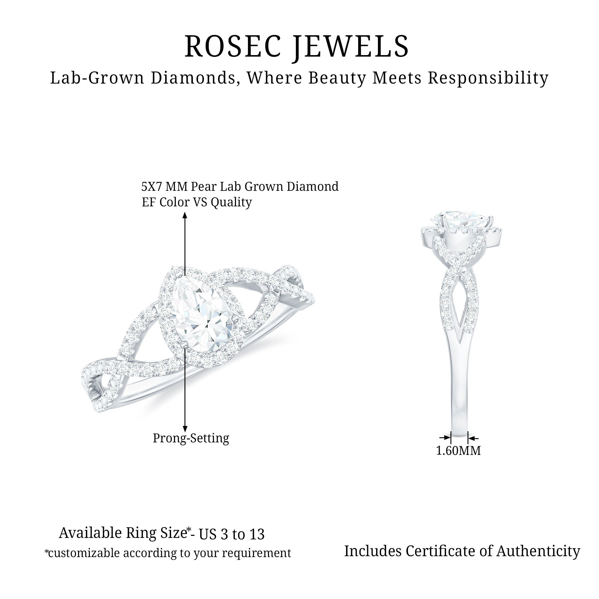 Lab Grown Diamond Teardrop Halo Engagement Ring For Women Lab - ( EF-VS ) - Rosec Jewels