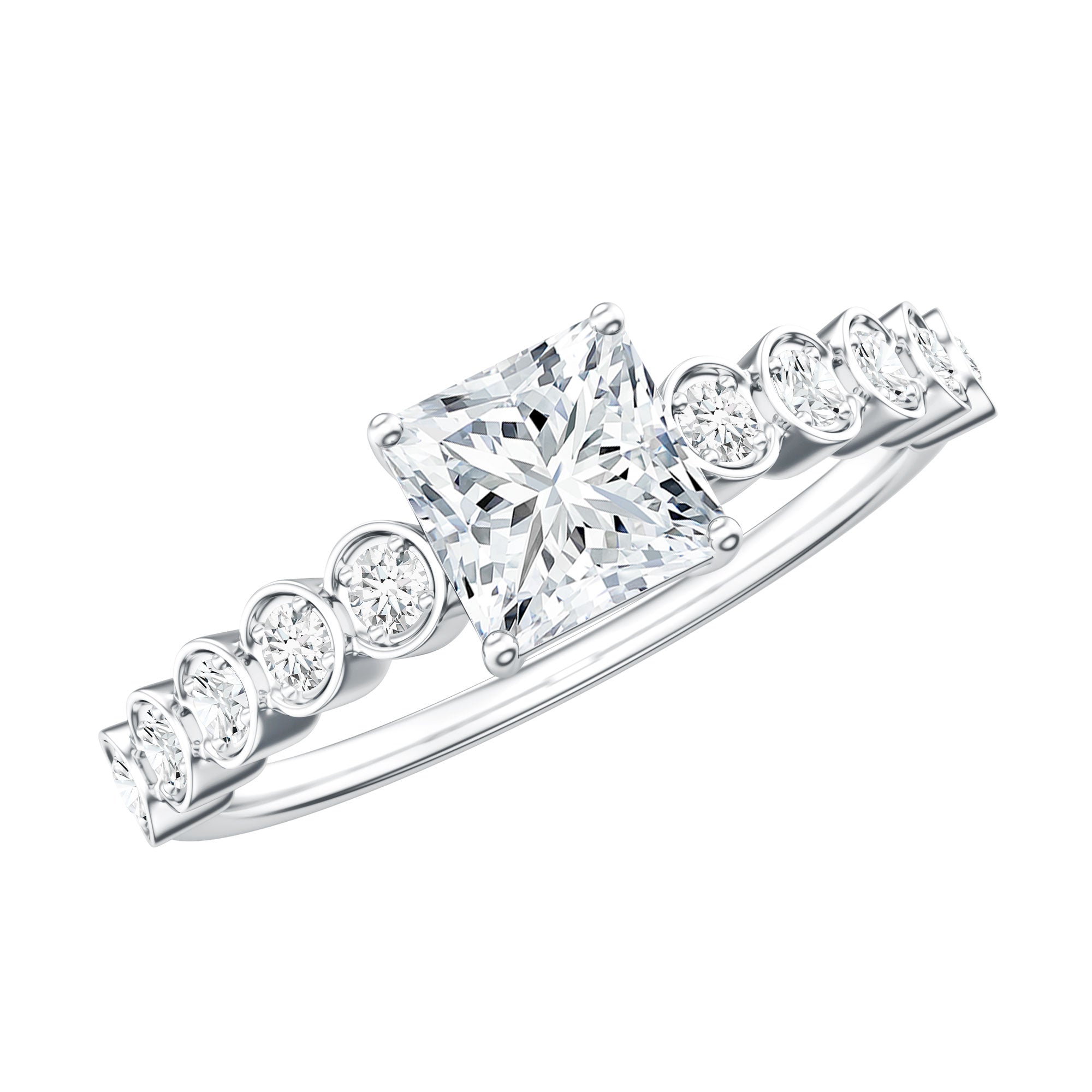 Lab Grown Diamond 5 MM Princess Cut Engagement Ring With Side Stones Lab - ( EF-VS ) - Rosec Jewels