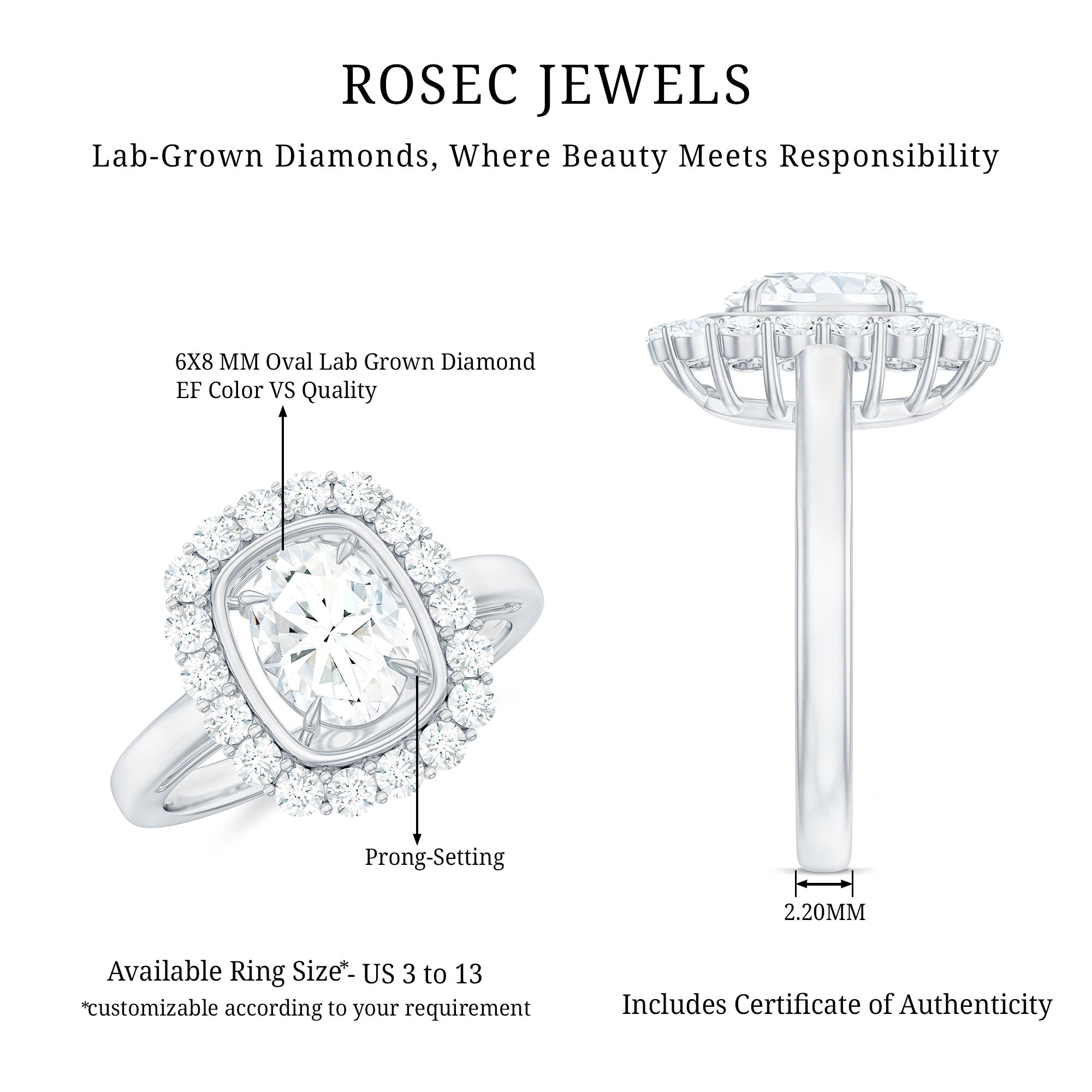 Certified 6X8 MM Oval Lab Grown Diamond Halo Engagement Ring Lab - ( EF-VS ) - Rosec Jewels
