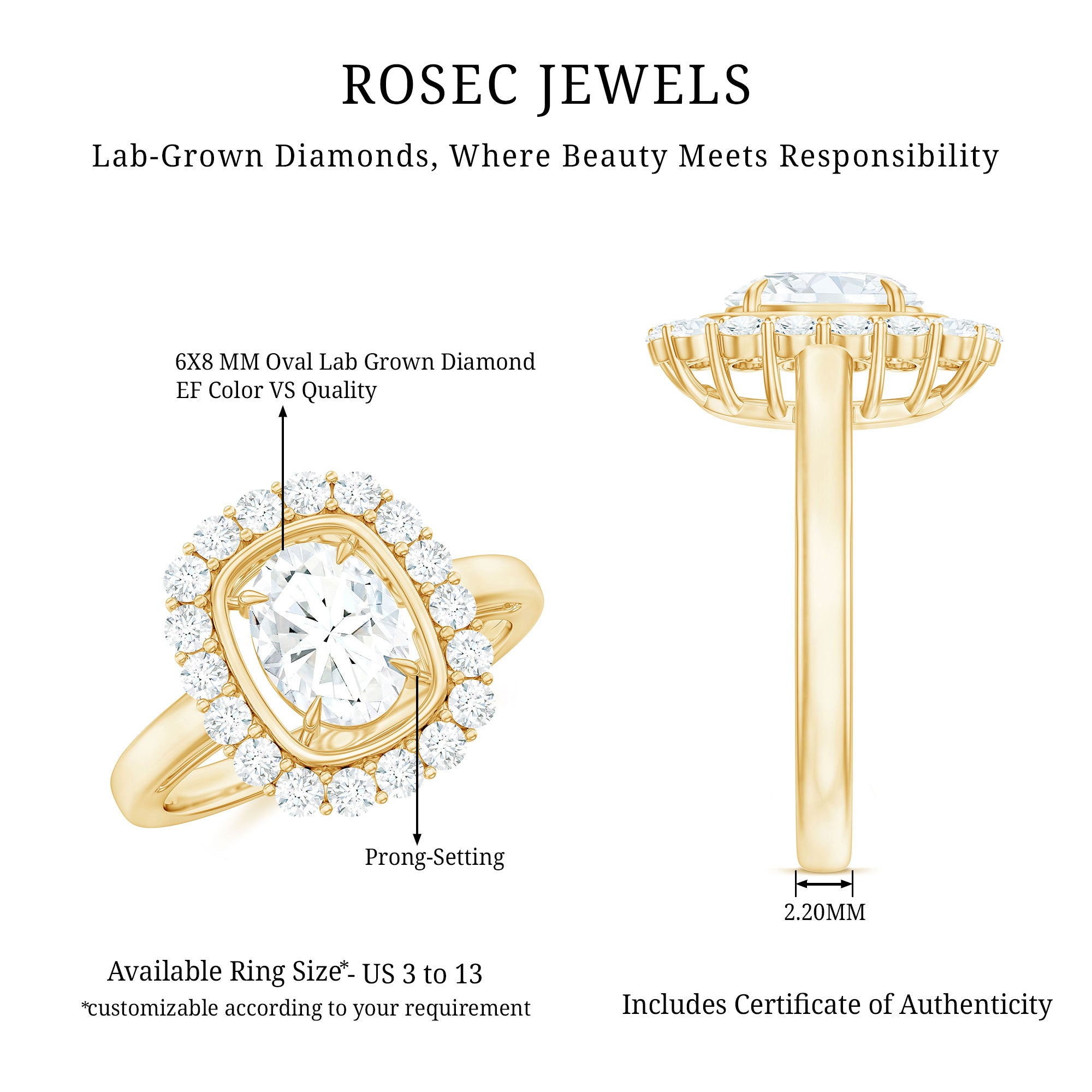 Certified 6X8 MM Oval Lab Grown Diamond Halo Engagement Ring Lab - ( EF-VS ) - Rosec Jewels