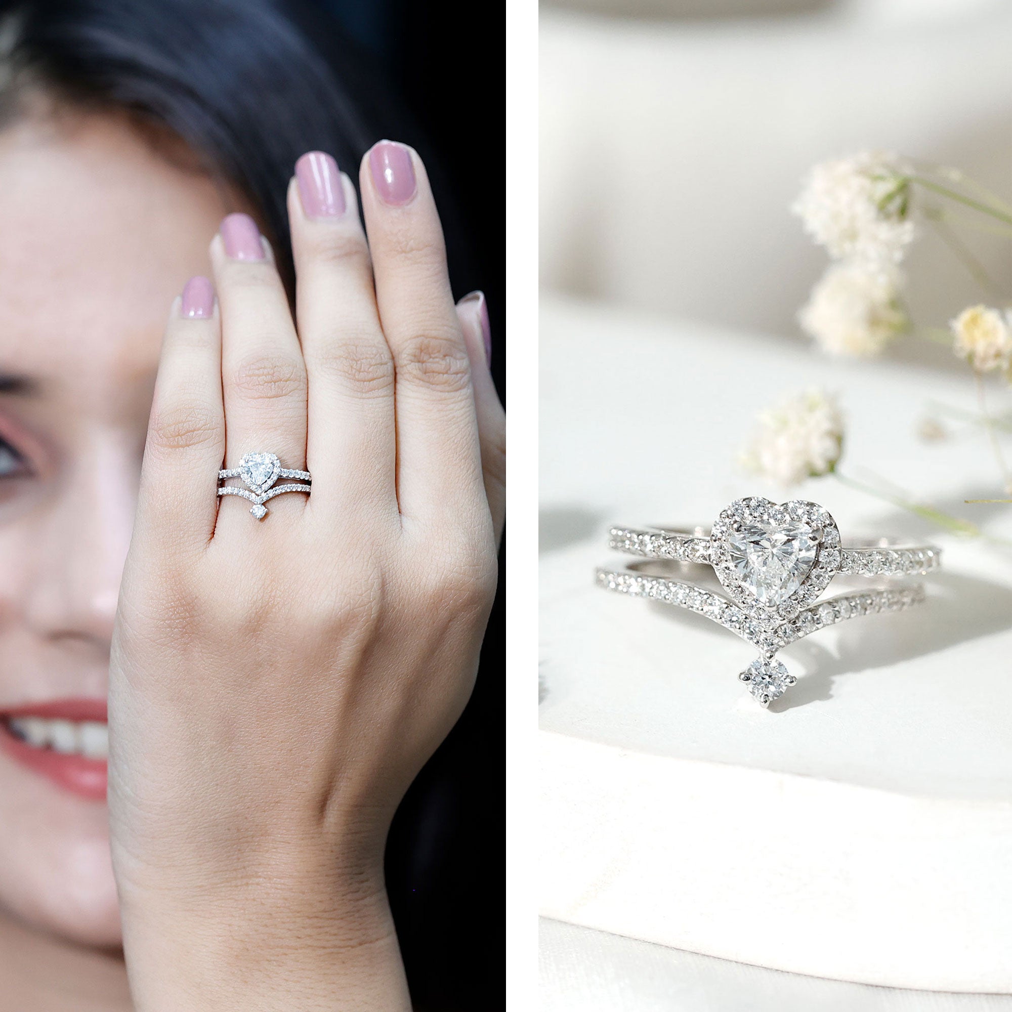 Certified 5 MM Lab Grown Diamond Heart Bridal Ring Set Lab - ( EF-VS ) - Rosec Jewels